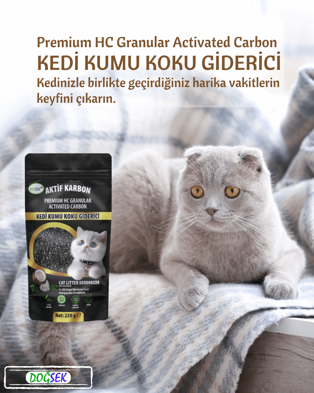 Kedi Kumu Koku Giderici Premium HC Granular Activated Carbon 230 gr Hindistan Cevizi Kabuğu Bazlı Granül Aktif Karbon