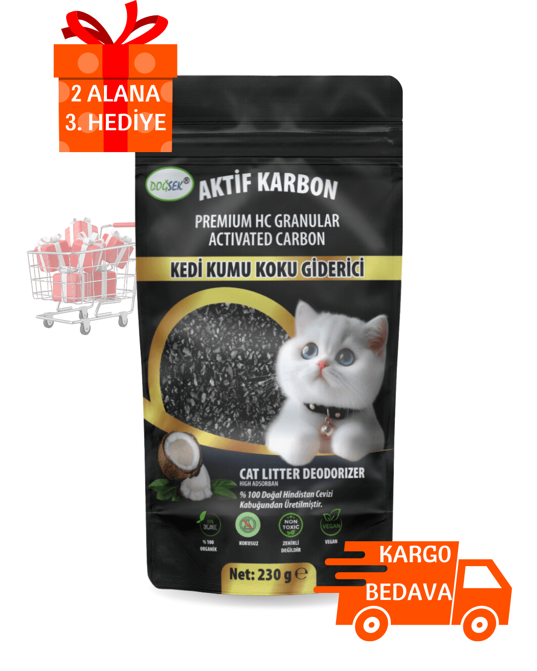 Kedi Kumu Koku Giderici Premium HC Granular Activated Carbon 230 gr Hindistan Cevizi Kabuğu Bazlı Granül Aktif Karbon