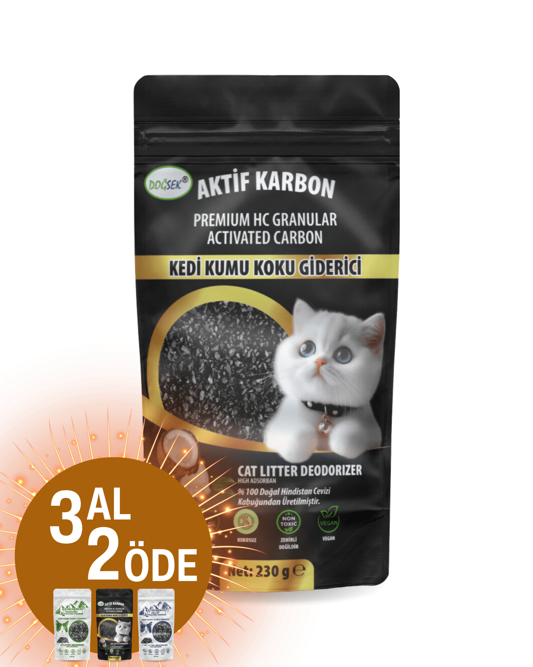 Kedi Kumu Koku Giderici Premium HC Granular Activated Carbon 230 gr Hindistan Cevizi Kabuğu Bazlı Granül Aktif Karbon