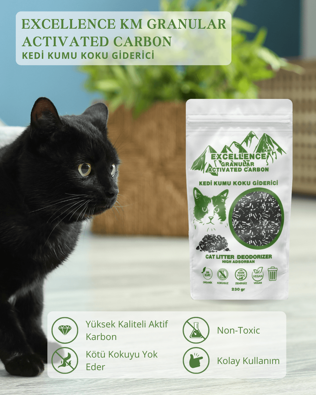 Kedi Kumu Koku Giderici Excellence KM Granular Activated Carbon 230 gr Kömür Bazlı Granül Aktif Karbon