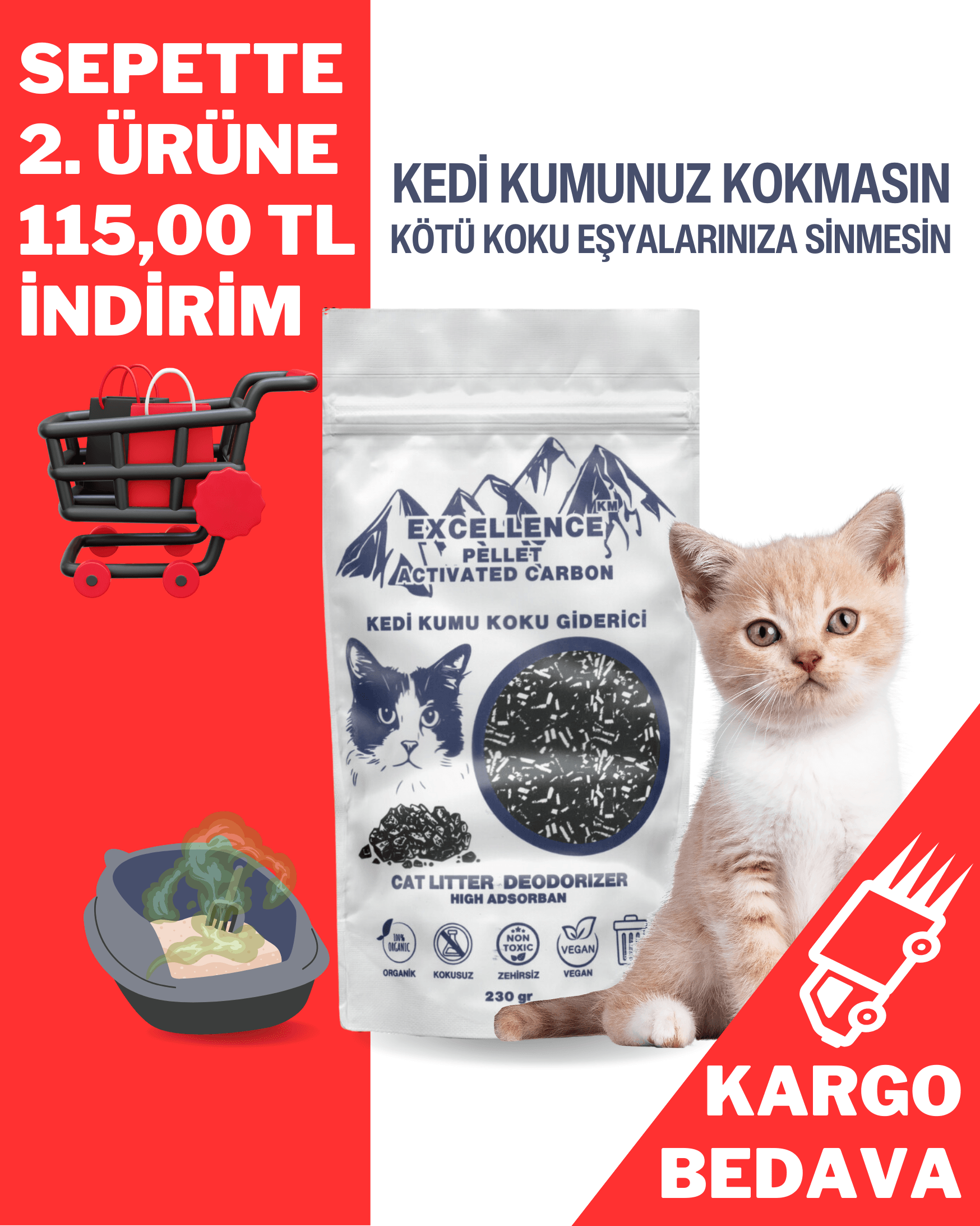 Kedi Kumu Koku Giderici Excellence KM Pellet Activated Carbon 230 gr Kömür Bazlı Pellet Aktif Karbon