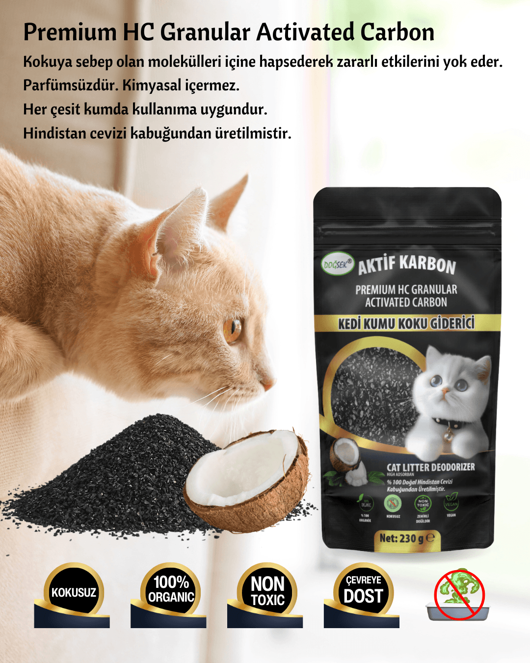 Kedi Kumu Koku Giderici Premium HC Granular Activated Carbon 230 gr Hindistan Cevizi Kabuğu Bazlı Granül Aktif Karbon