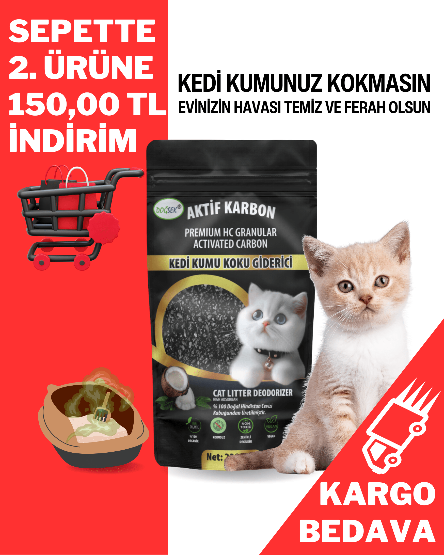 Kedi Kumu Koku Giderici Premium HC Granular Activated Carbon 230 gr Hindistan Cevizi Kabuğu Bazlı Granül Aktif Karbon