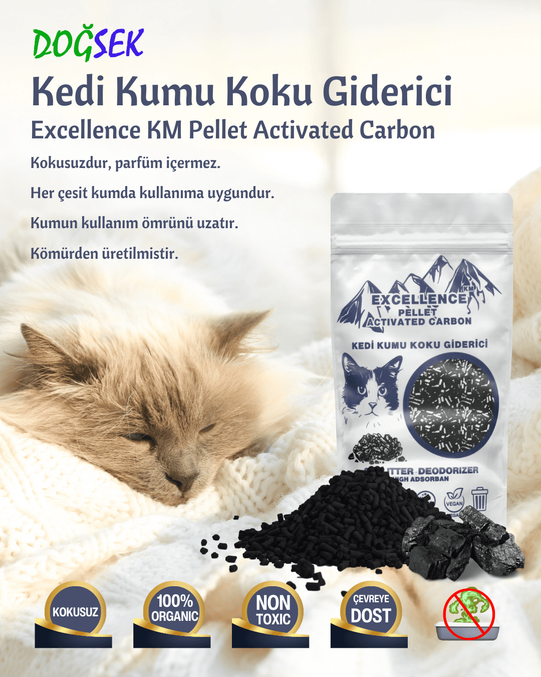 Kedi Kumu Koku Giderici Excellence KM Pellet Activated Carbon 230 gr Kömür Bazlı Pellet Aktif Karbon