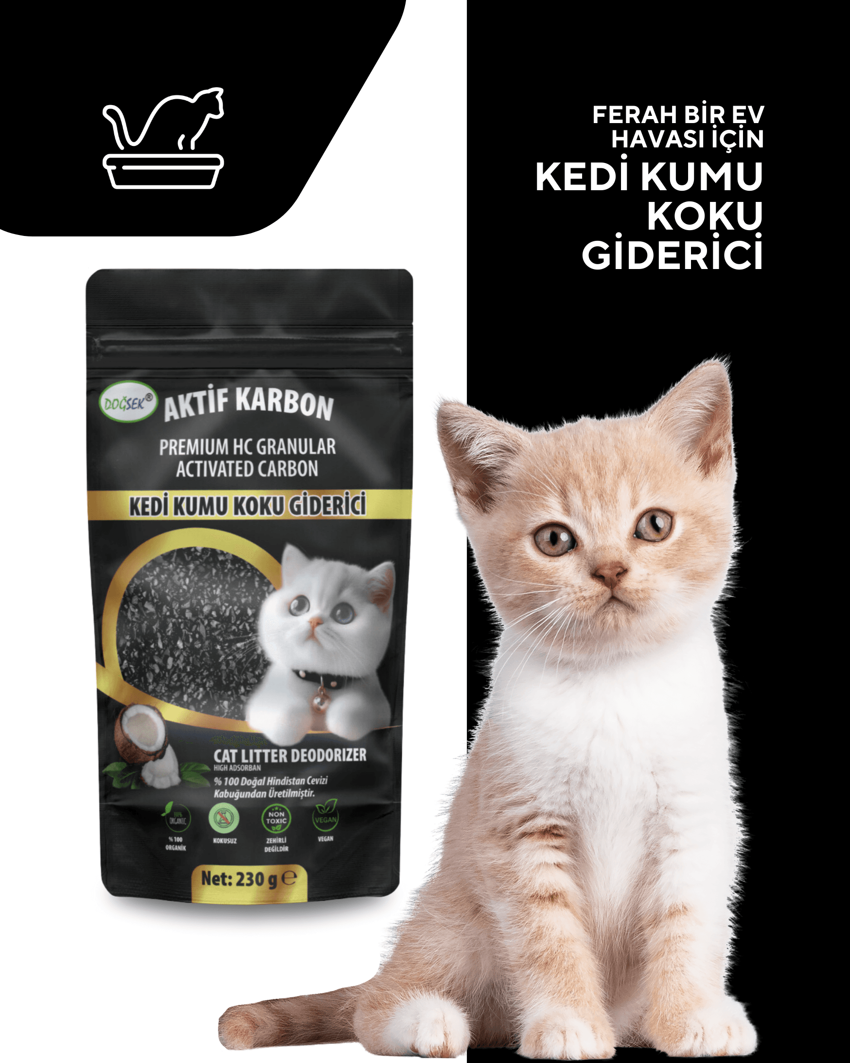 Kedi Kumu Koku Giderici Premium HC Granular Activated Carbon 230 gr Hindistan Cevizi Kabuğu Bazlı Granül Aktif Karbon