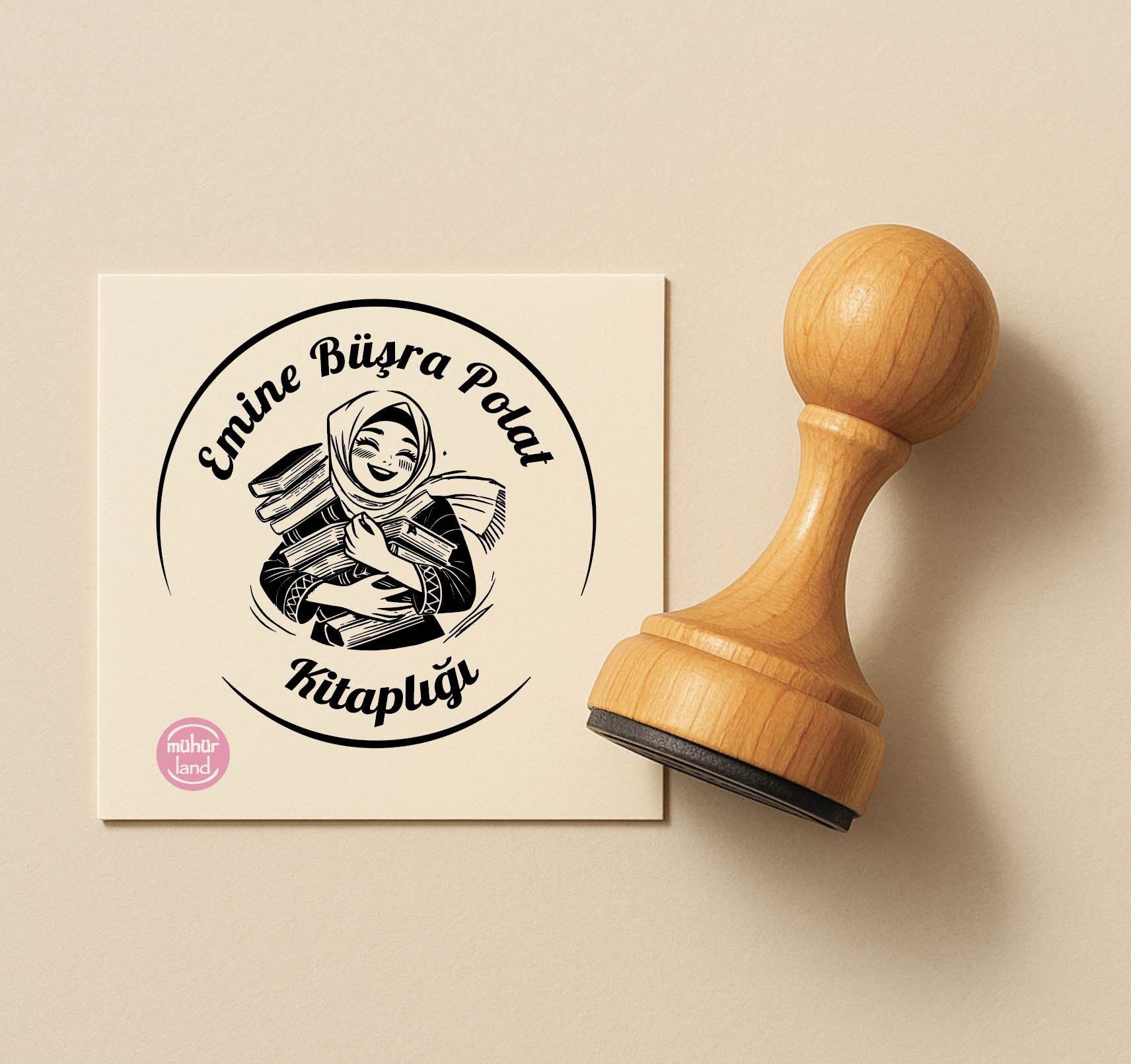 Kitaplarını Kucaklayan Tesettürlü Kız Figürlü Ex Libris – Kitap Mührü (TES02)