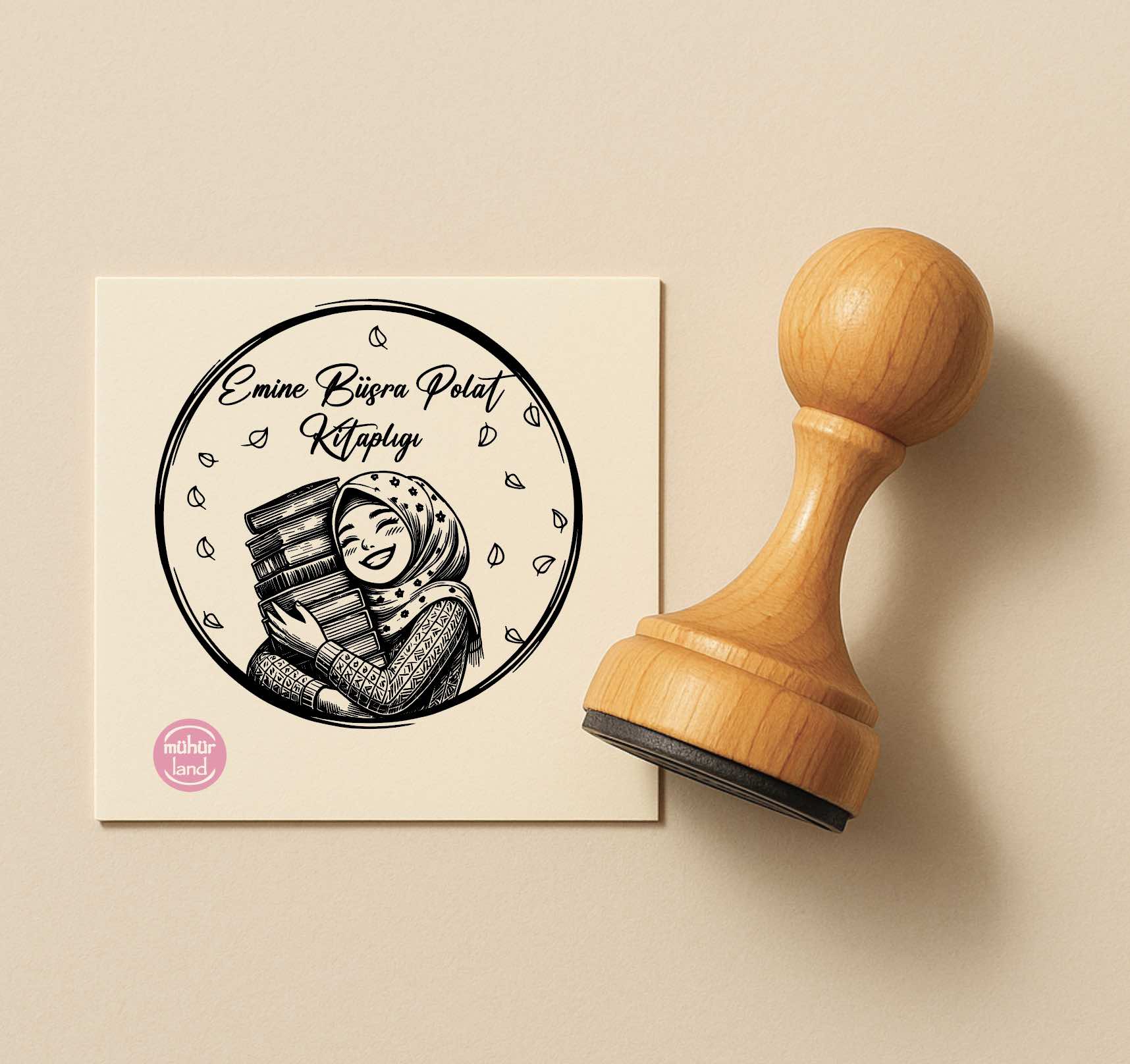 Yapraklı Tesettürlü Kız Figürlü Ex Libris – Kitap Mührü (TES03)