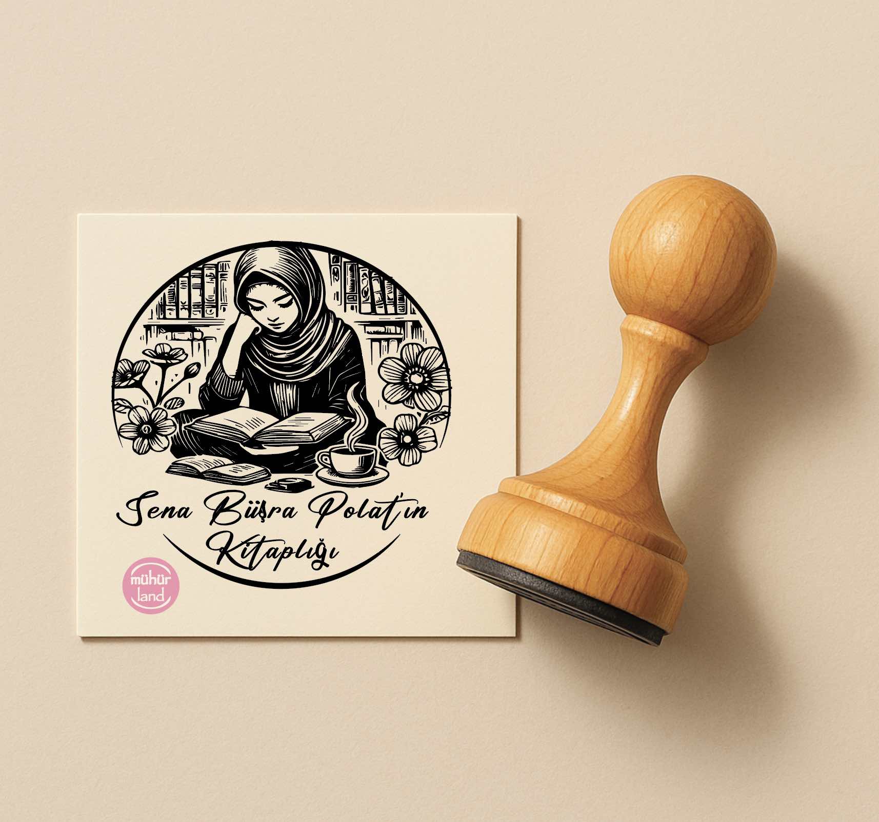 Kitap Okuyan Tesettürlü Kız Figürlü Ex Libris – Kitap Mührü (TES04)