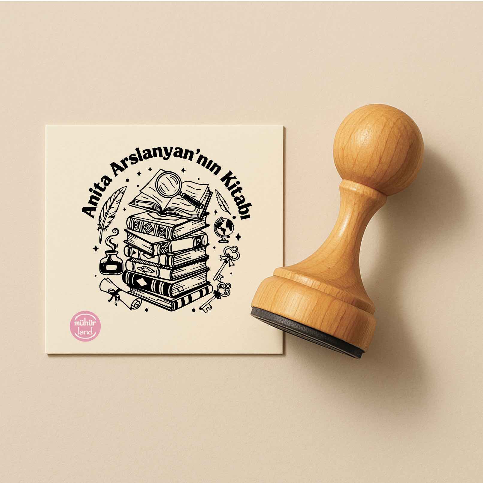 Kitap Yığını ve Tüy Kalem Temalı Ex Libris Kitap Mührü
