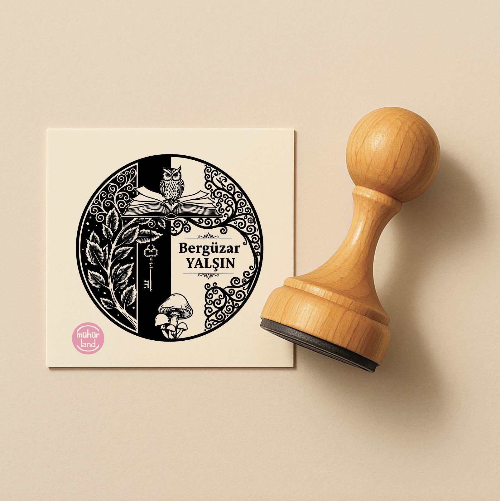 Baykuş ve Anahtar Motifli Ex Libris Kitap Mührü