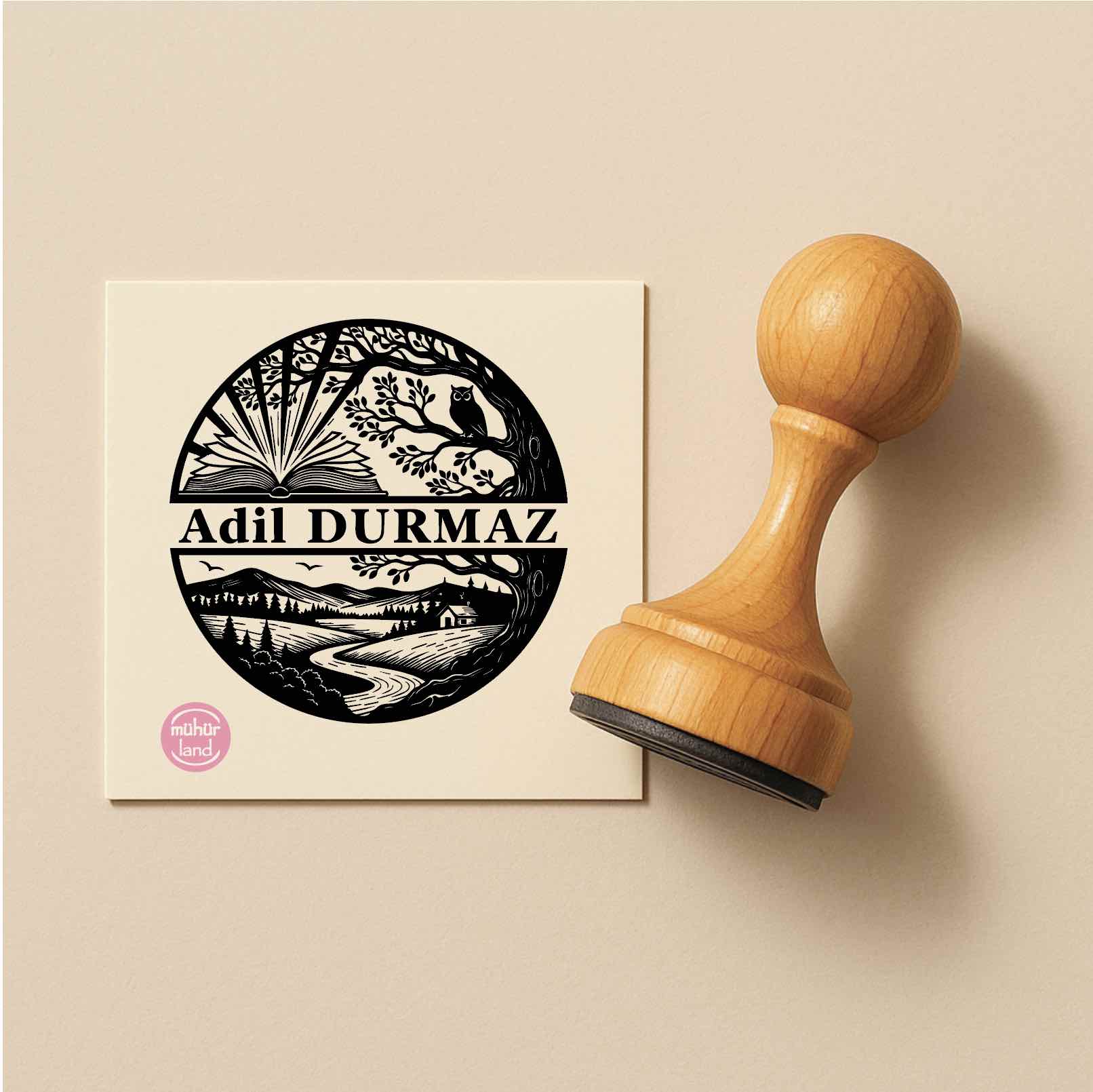 Baykuşlu Doğa Manzaralı Ex Libris Kitap Mührü