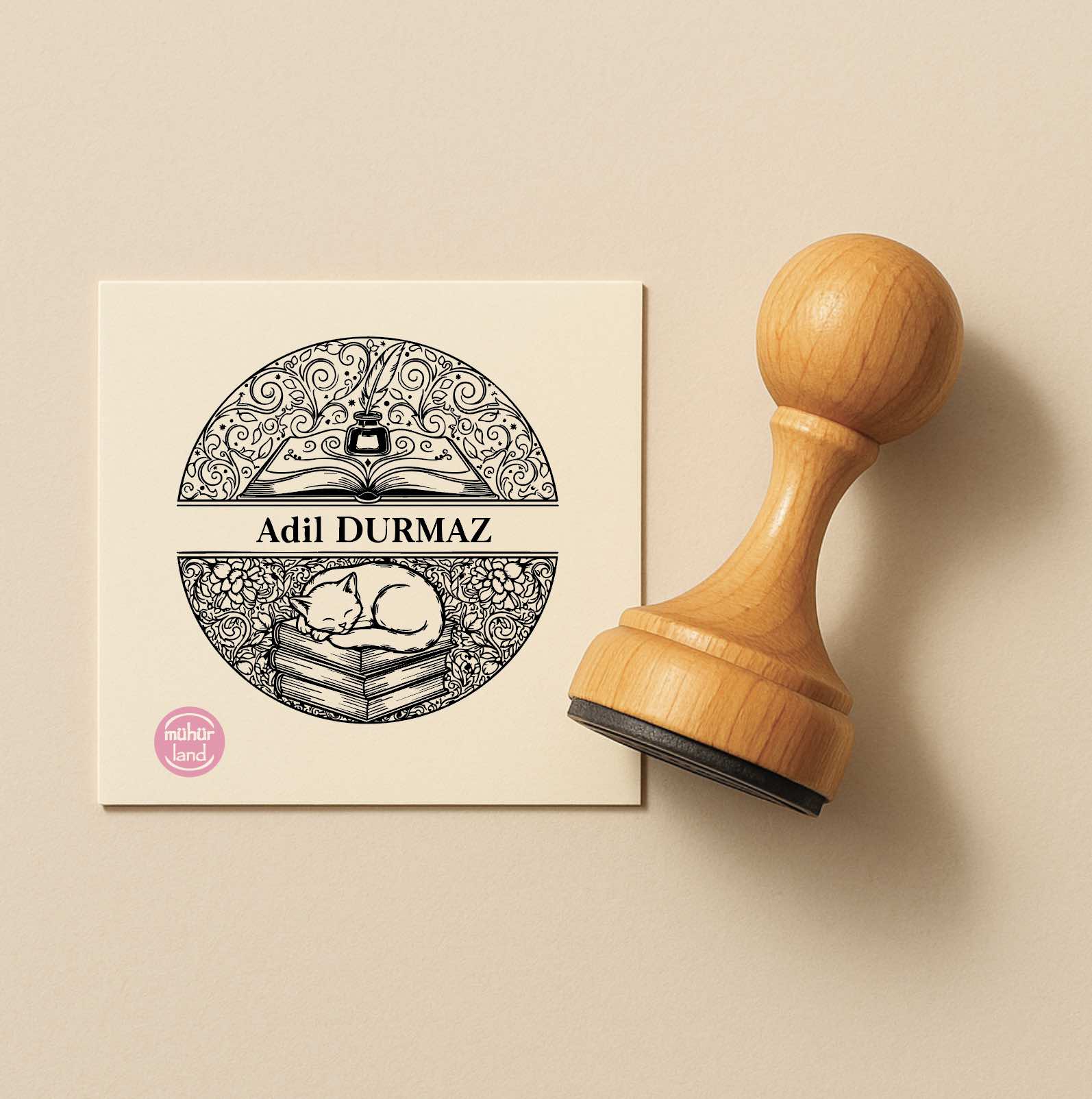 Kedili Kitap Temalı Ex Libris Kitap Mührü