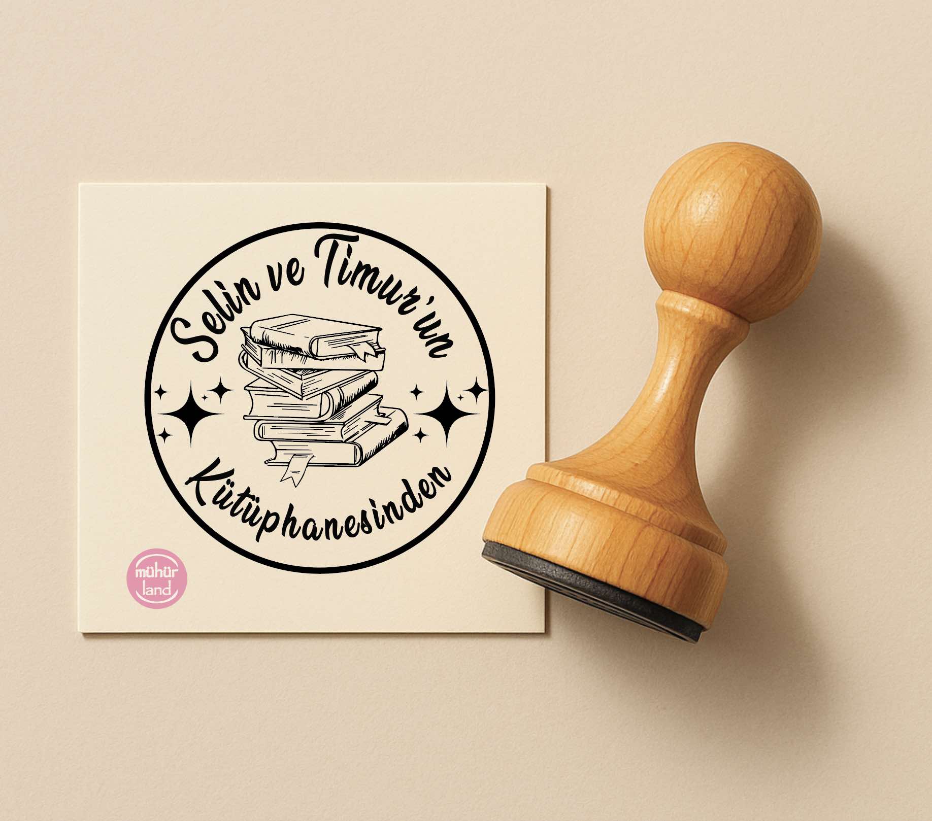 Kitap Yığını Temalı Kütüphane Mührü