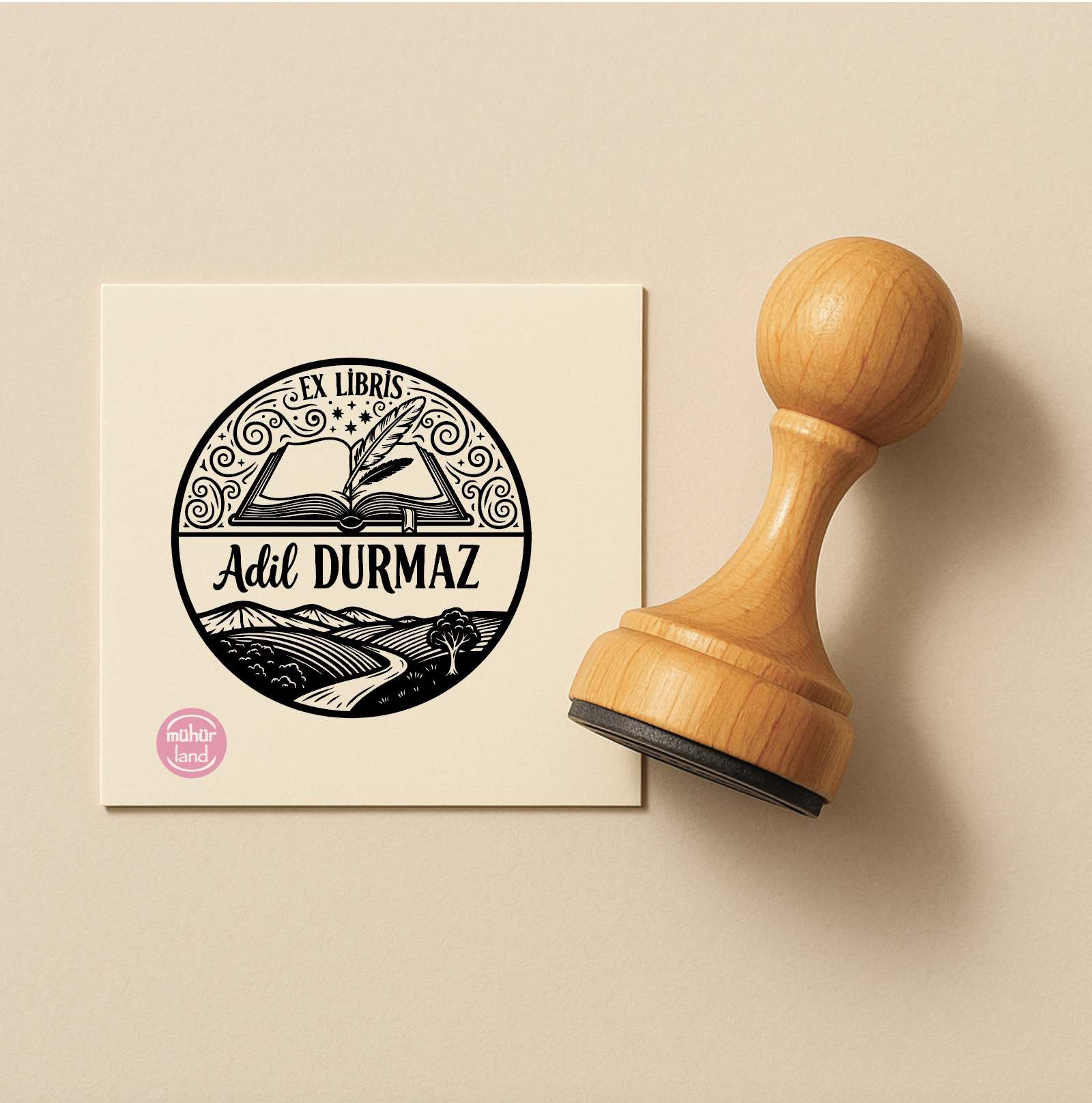 Tüy Kalem ve Manzara Temalı Ex Libris Kitap Mührü