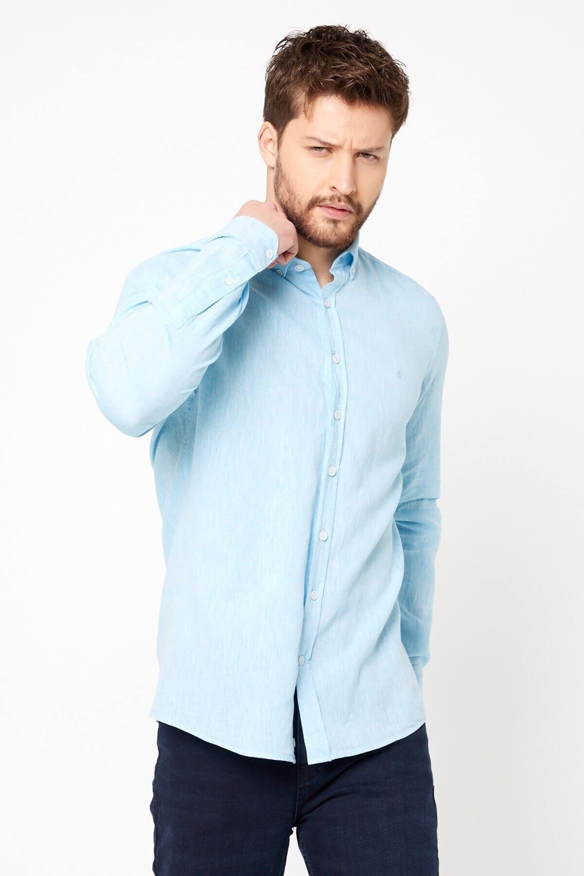 Turkuaz Slim Fit Uzun Kol Keten Gömlek