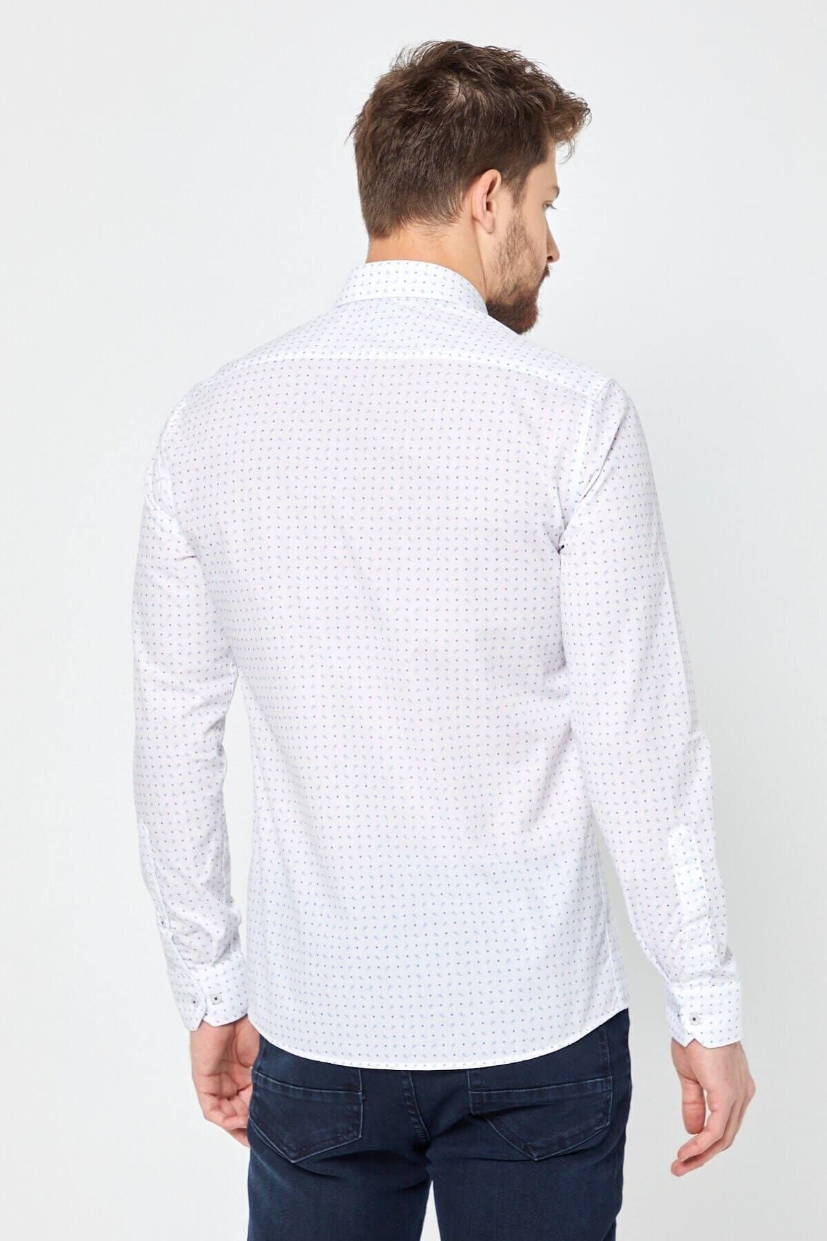 Mavi Baskılı Beyaz Slim Fit Uzun Kol Gömlek