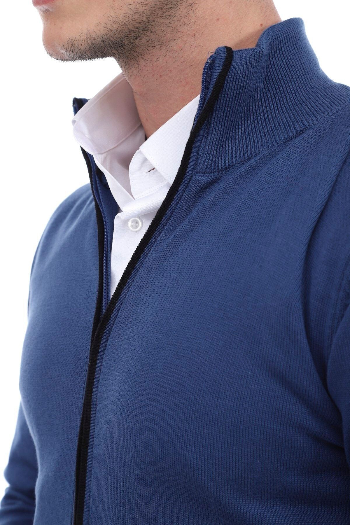 Mavi Slimfit Fermuarlı Hırka