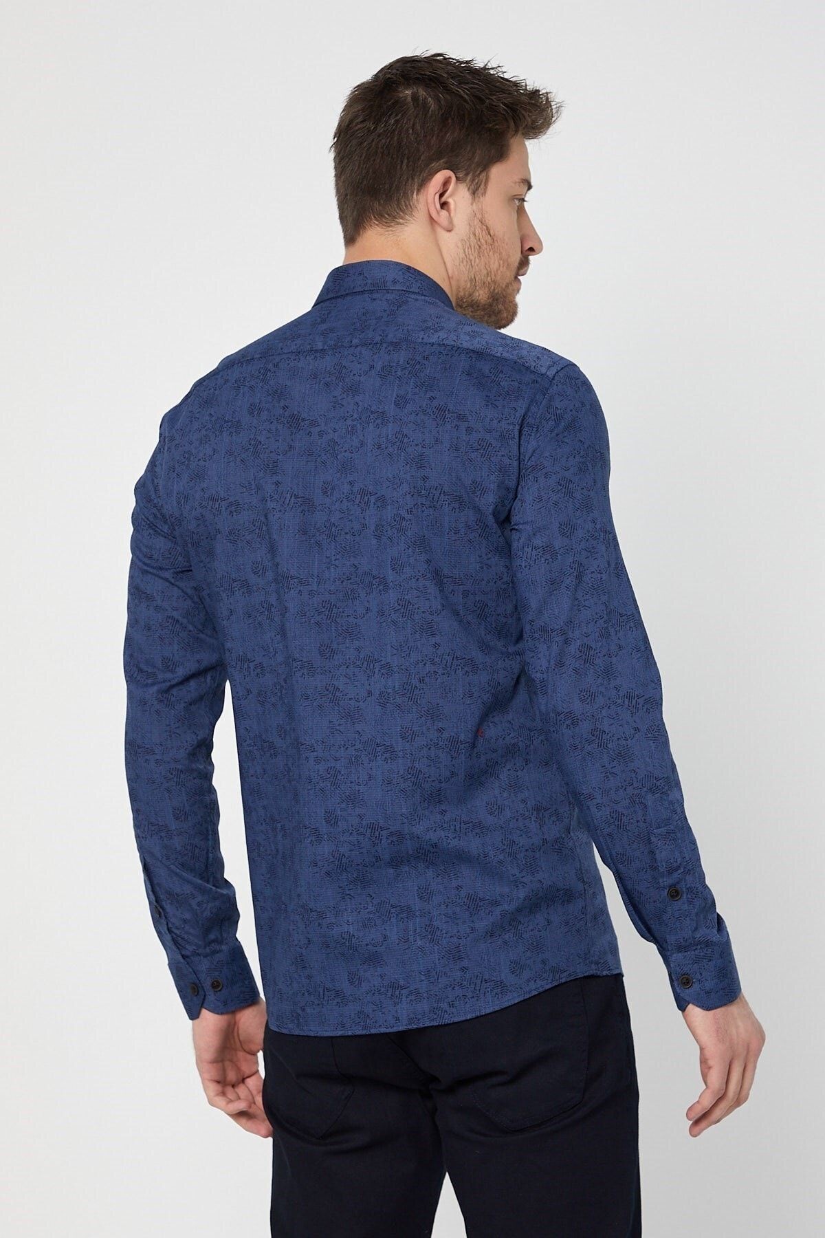 Pamuk Keten Baskılı Lacivert Slim Fit Uzun Kol Gömlek