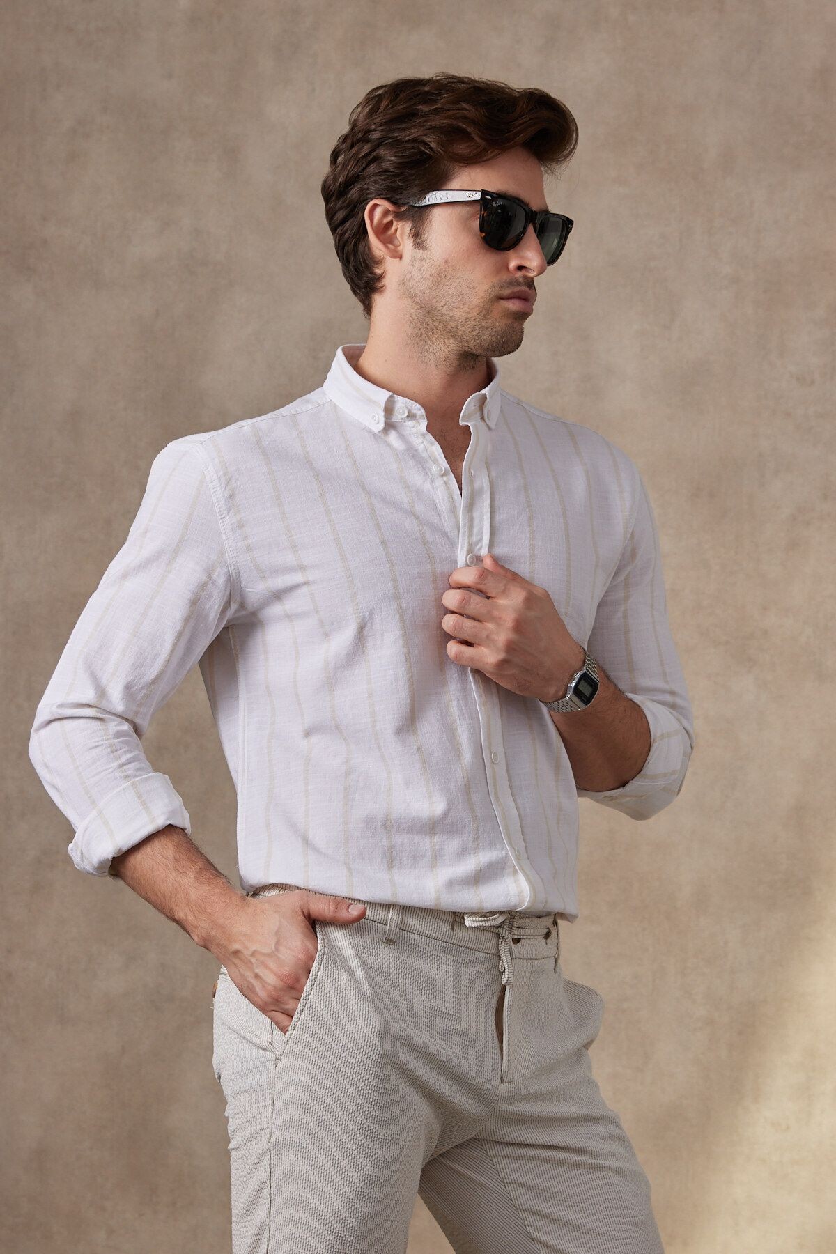 Çizgili Modern Slim Fit Keten Uzun Kol Erkek Gömlek