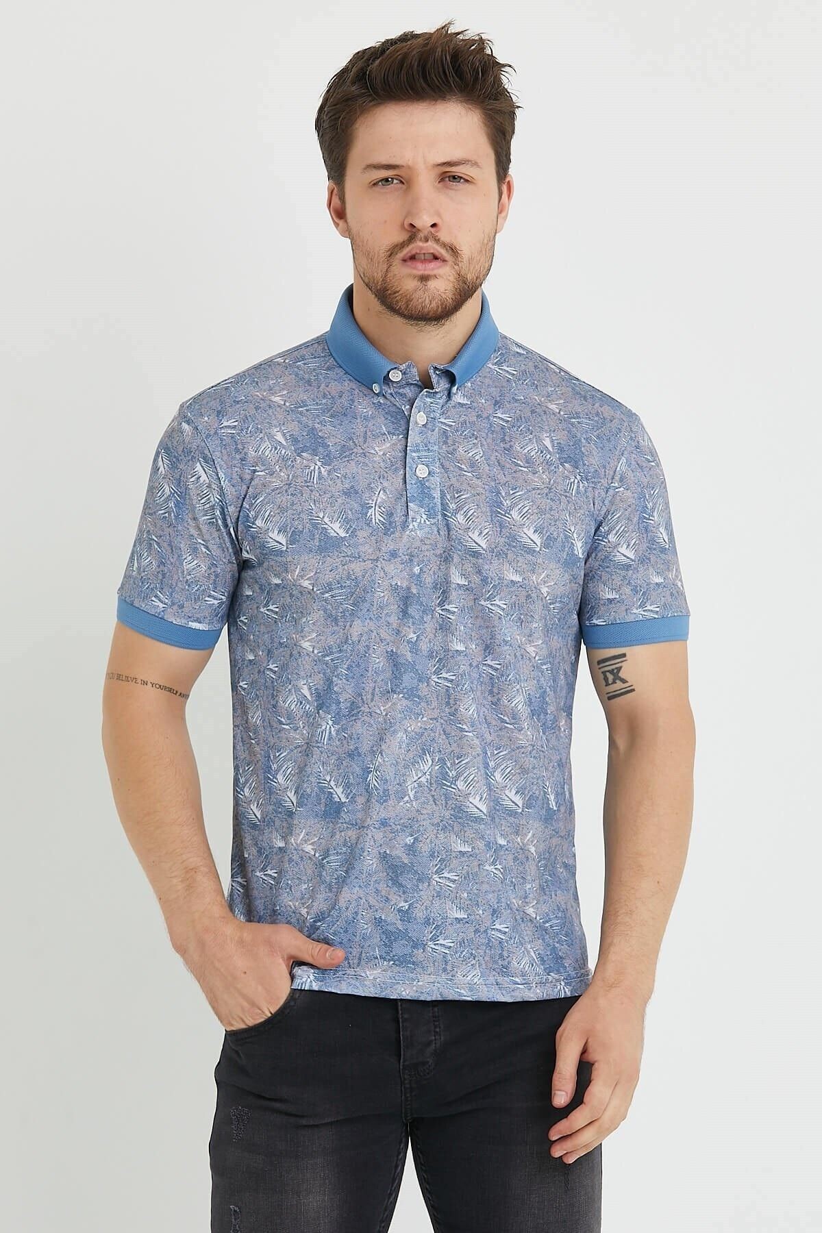 Polo Yaka Düğmeli Baskılı Lacivert Slim Fit Tişört