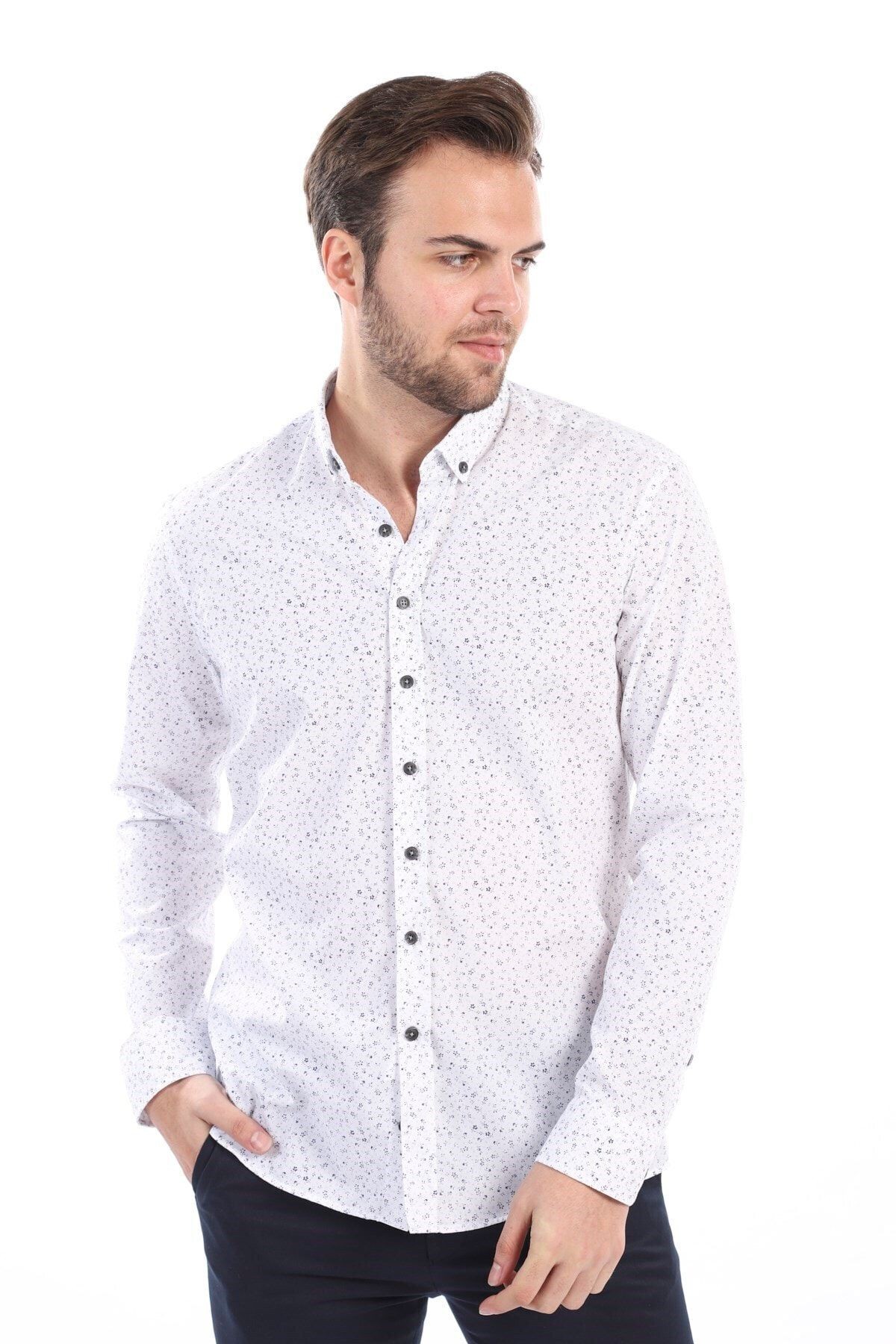 Baskılı Beyaz Slim Fit Gömlek