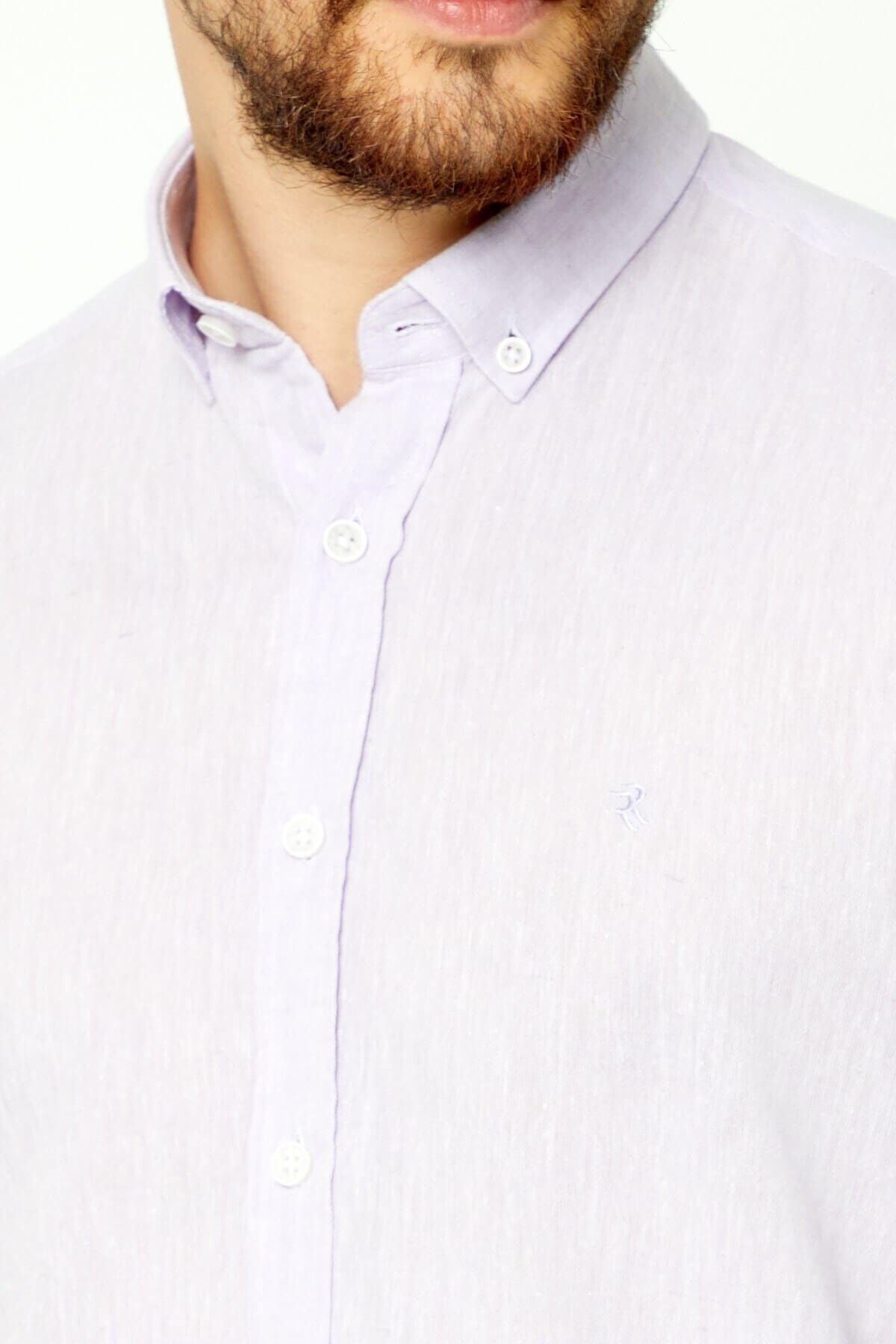 Lila Slim Fit Uzun Kol Keten Gömlek