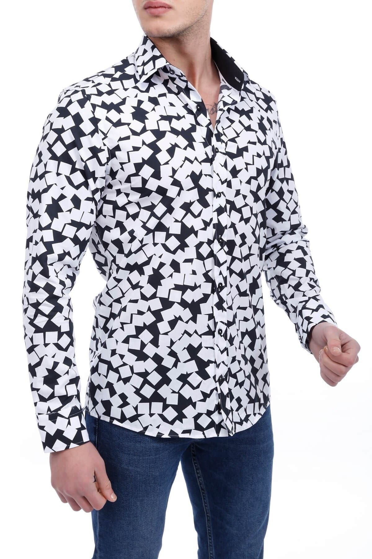 Beyaz Siyah Baskılı Slim Fit Gömlek