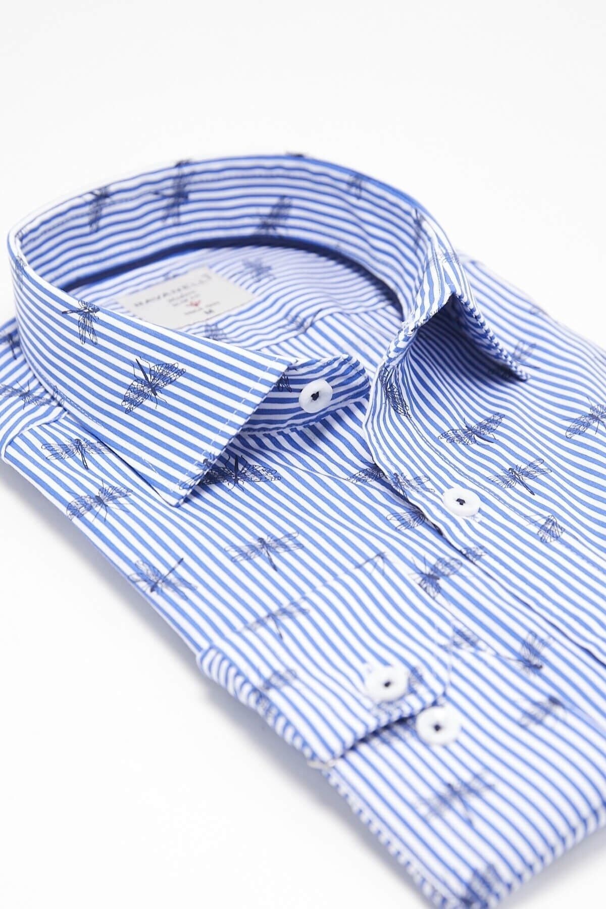 Mavi Baskılı Slim Fit Uzun Kol Gömlek