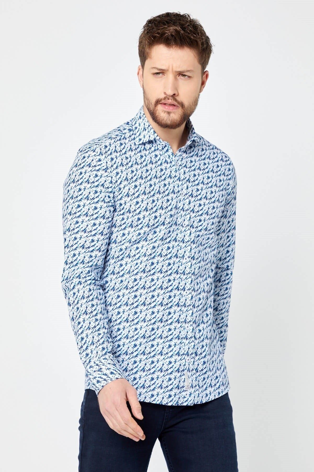 %100 Pamuk Lacivert Baskılı Slim Fit Uzun Kol Gömlek
