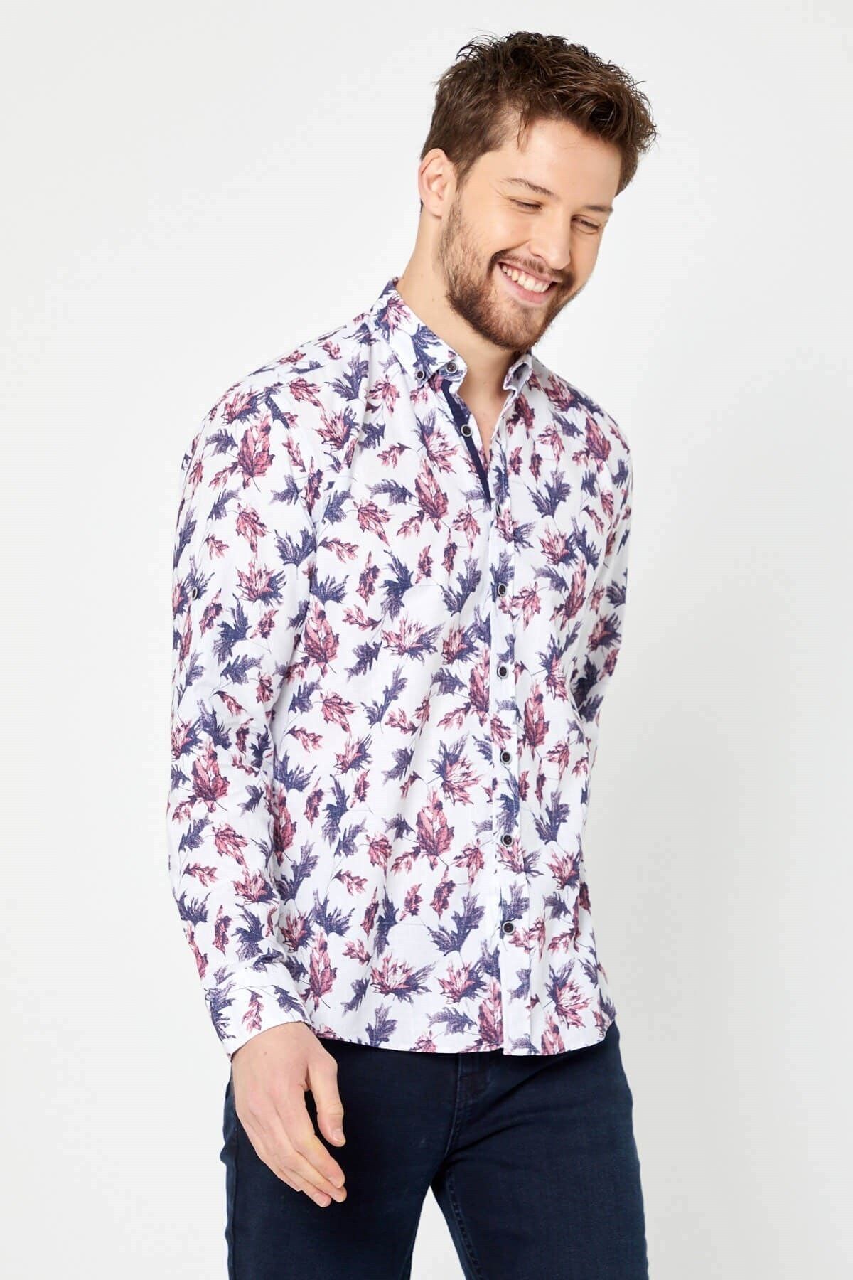 %100 Pamuk Keten Bordo Baskılı Slim Fit Uzun Kol Keten Gömlek