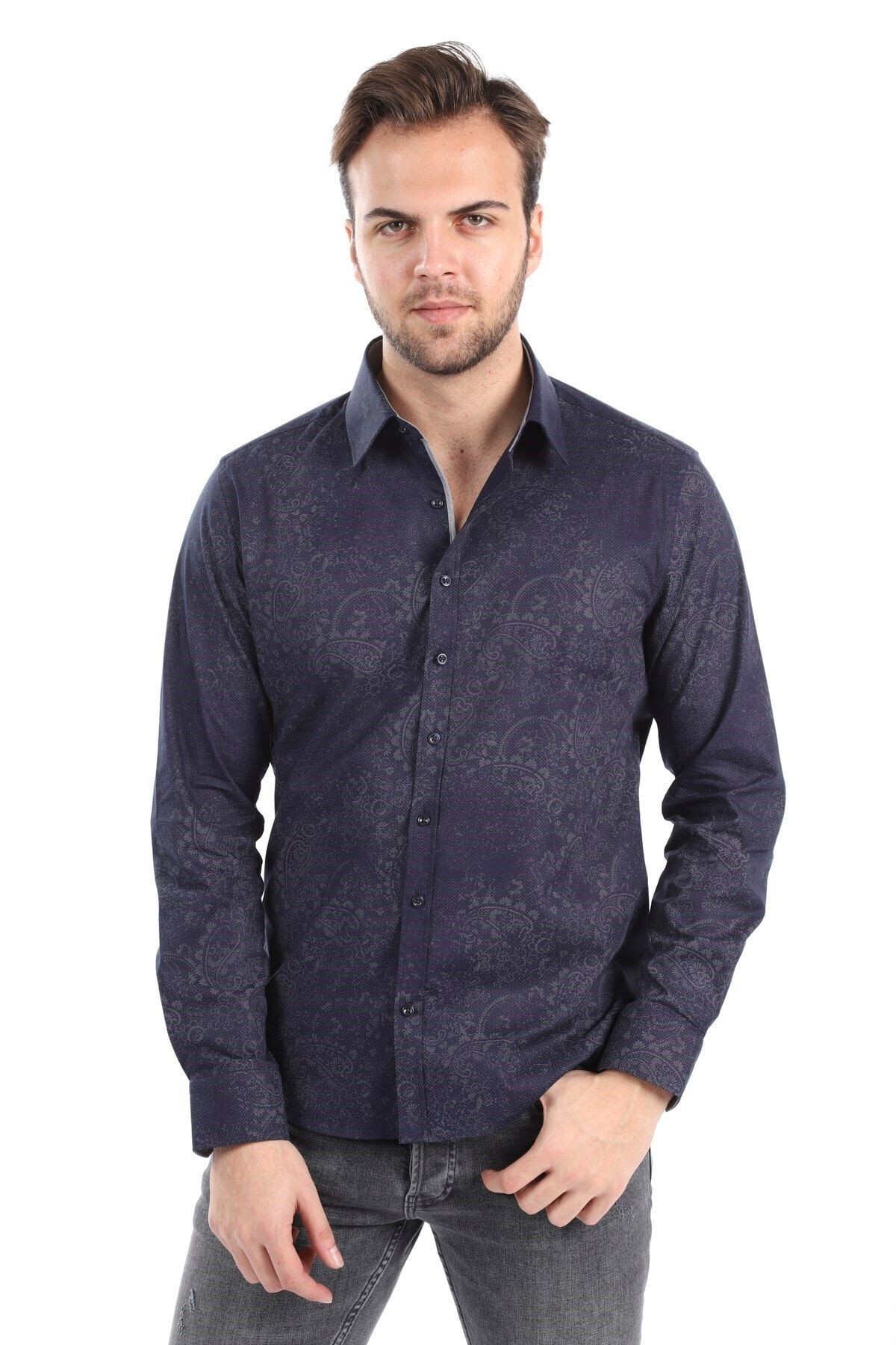 Baskılı Lacivert Slim Fit Gömlek