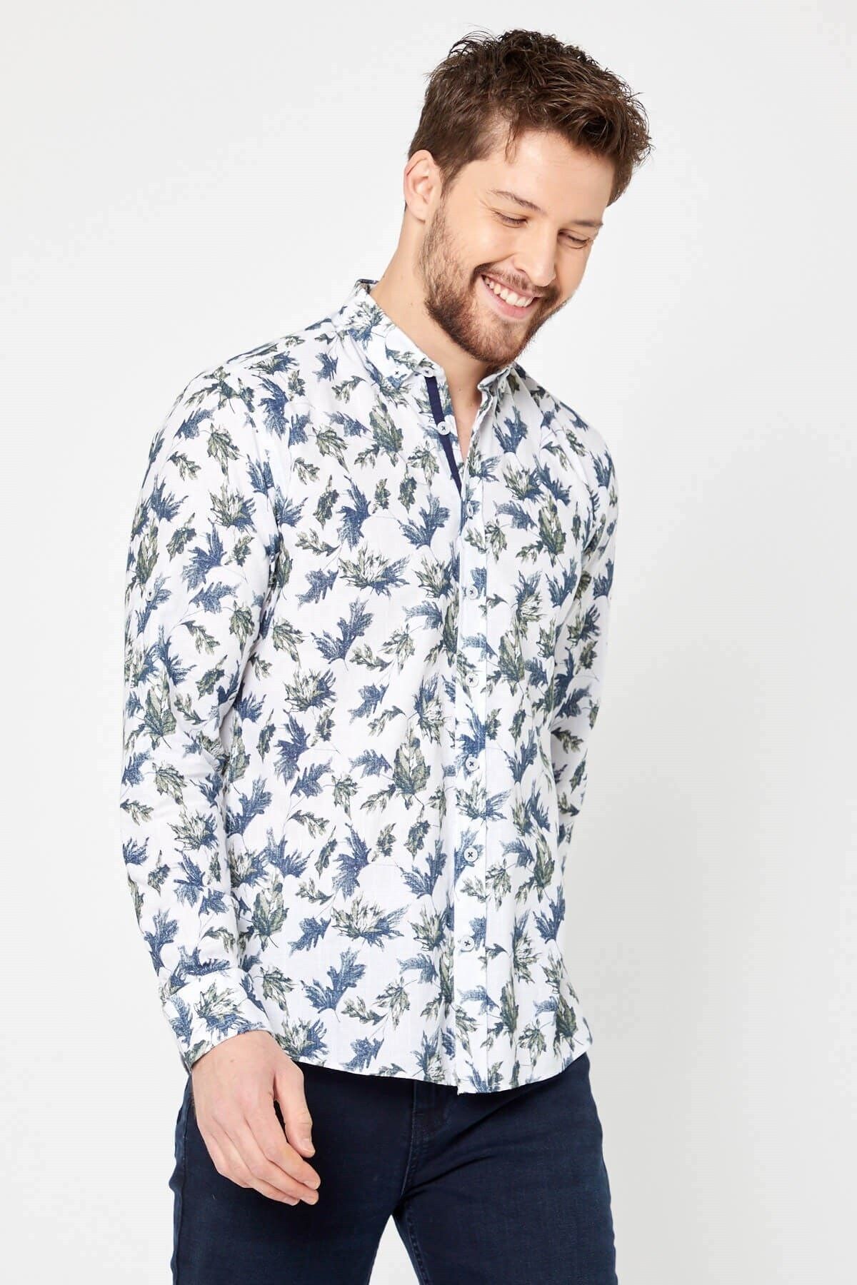%100 Pamuk Keten Yeşil Baskılı Slim Fit Uzun Kol Keten Gömlek