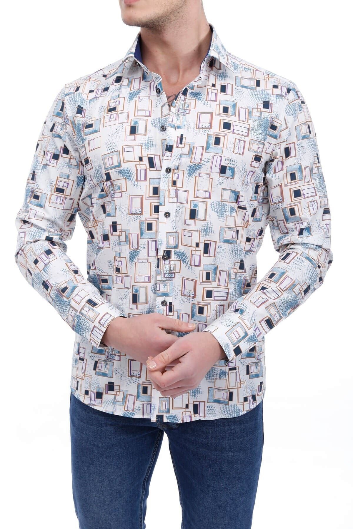 Baskılı Krem Slim Fit Gömlek