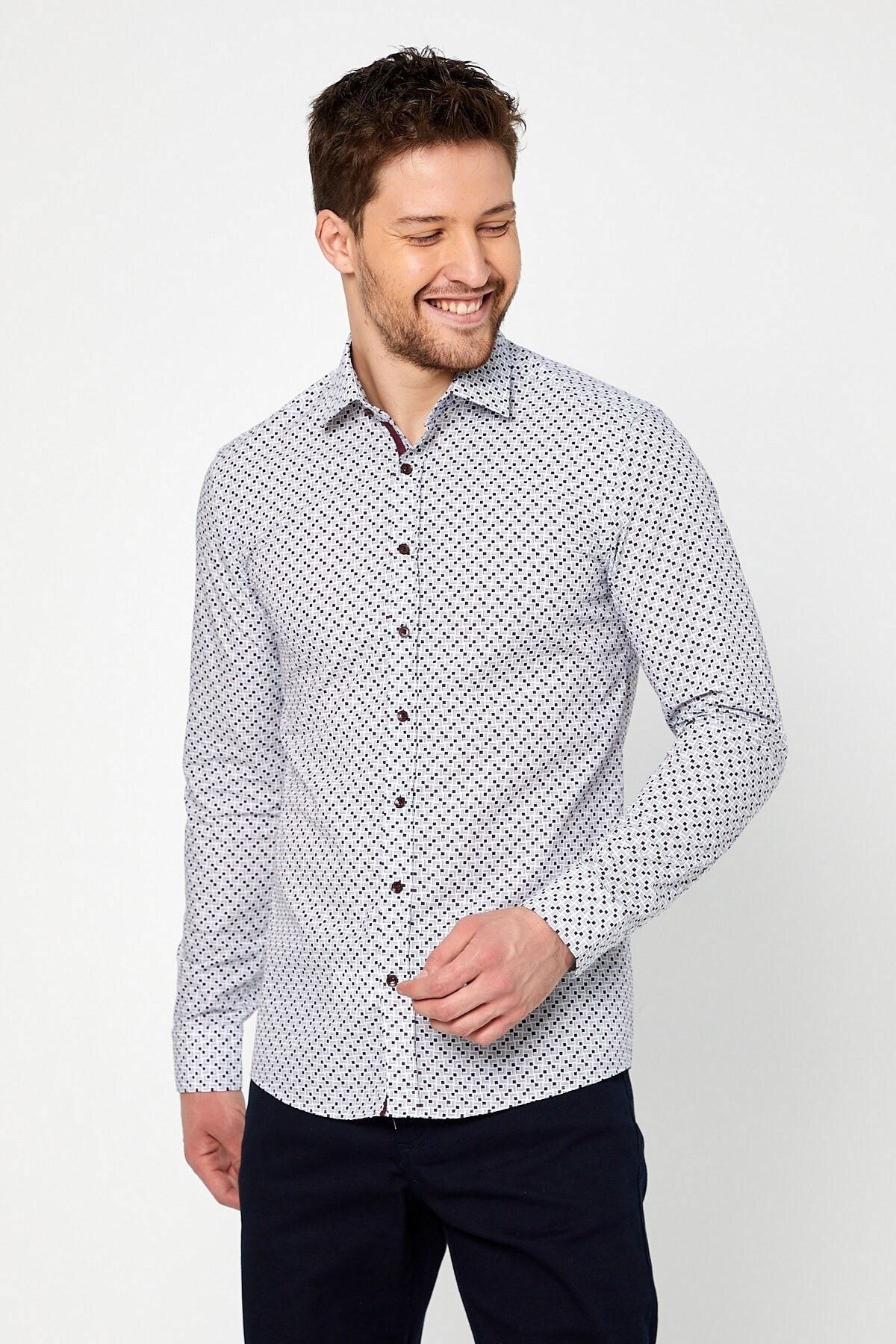 Bordo Baskılı Beyaz Slim Fit Uzun Kol Gömlek