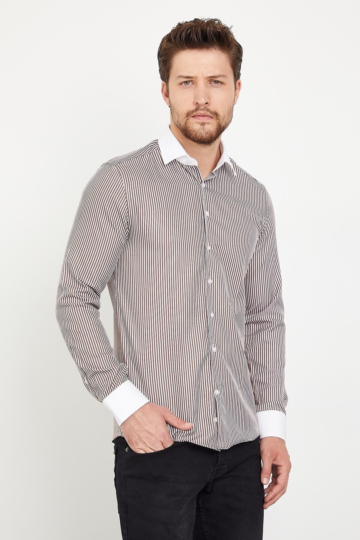 Beyaz Yakalı Kahve Beyaz Çizgili Slim Fit Uzun Kol Gömlek