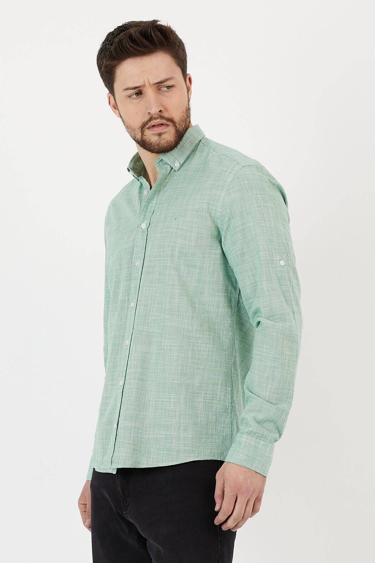 Yeşil %100 Pamuk Slim Fit Uzun Kol Keten Gömlek