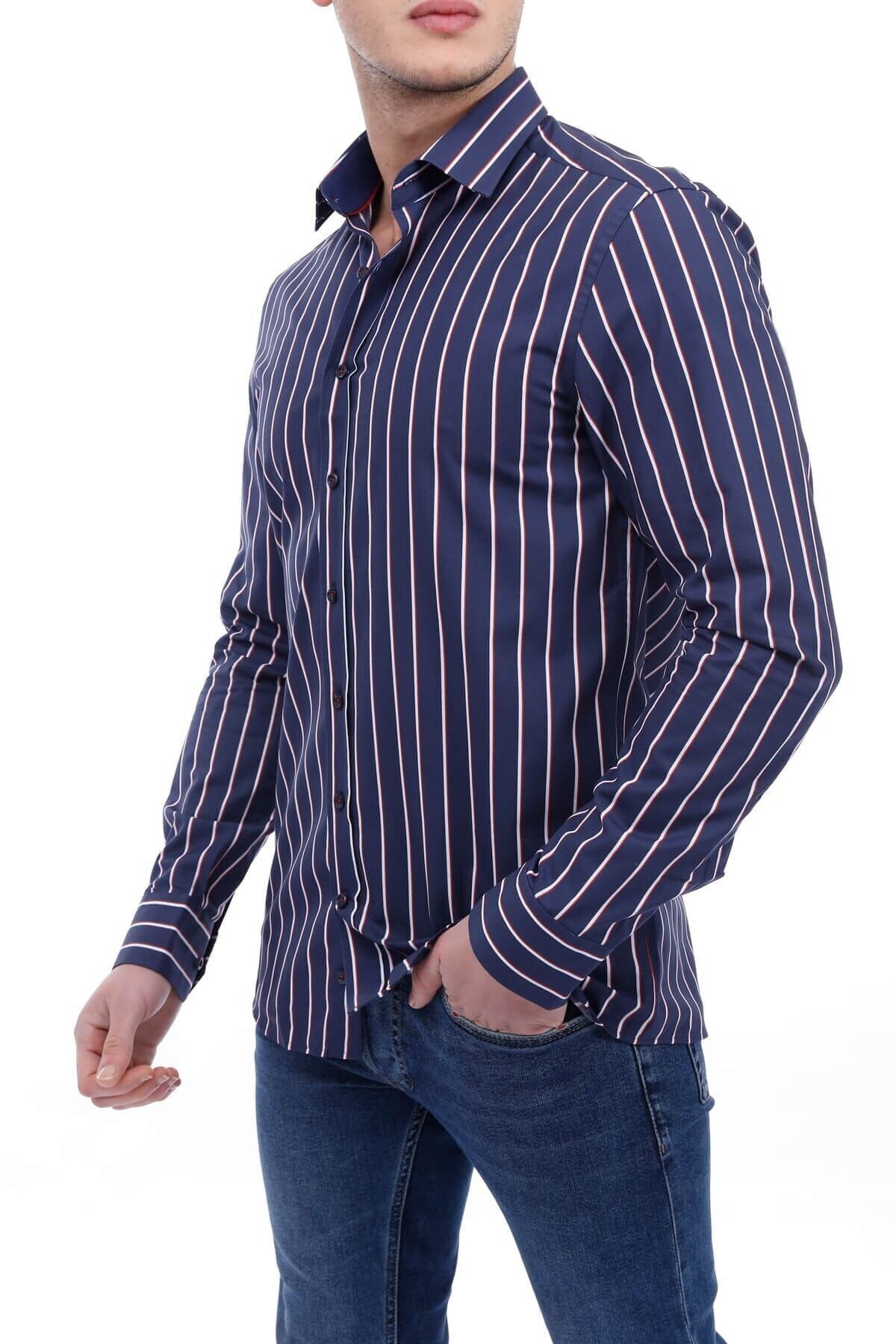 Çizgi Baskılı Lacivert Slim Fit Gömlek