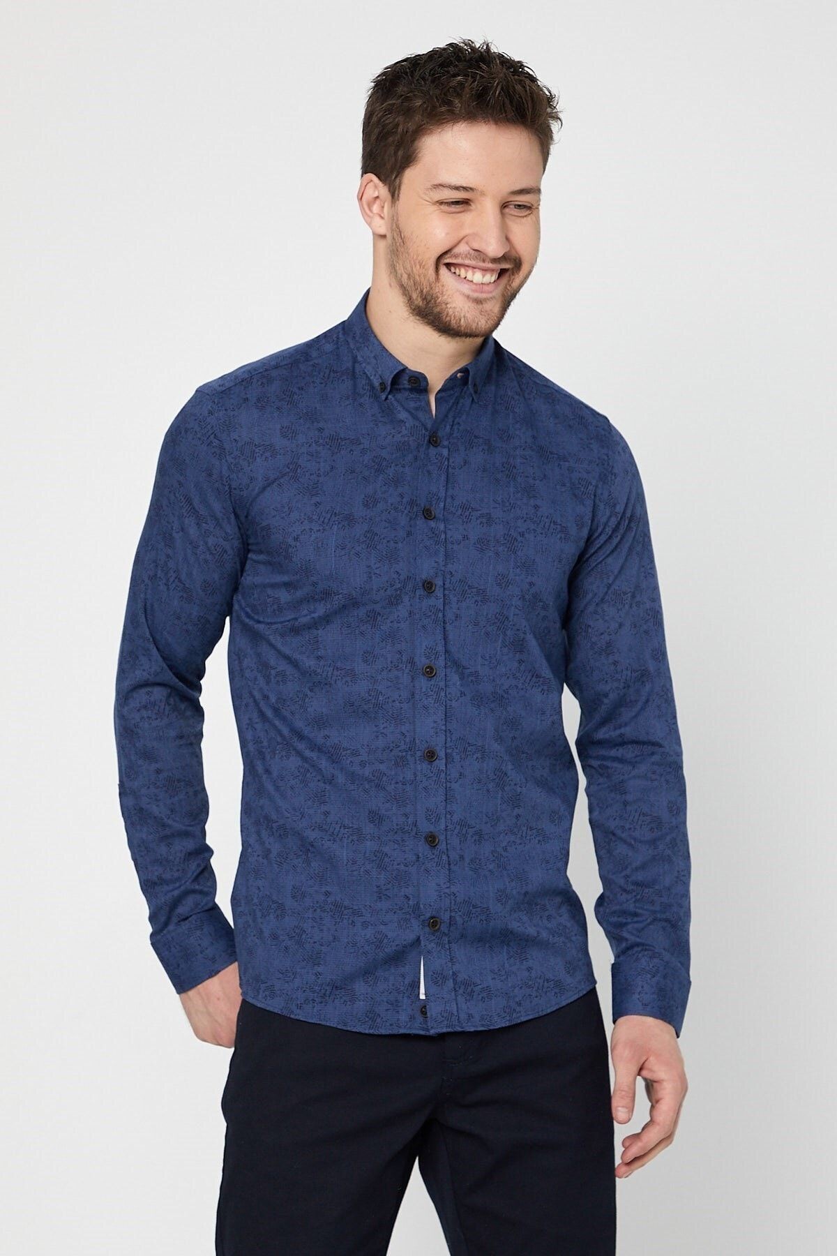 Pamuk Keten Baskılı Lacivert Slim Fit Uzun Kol Gömlek