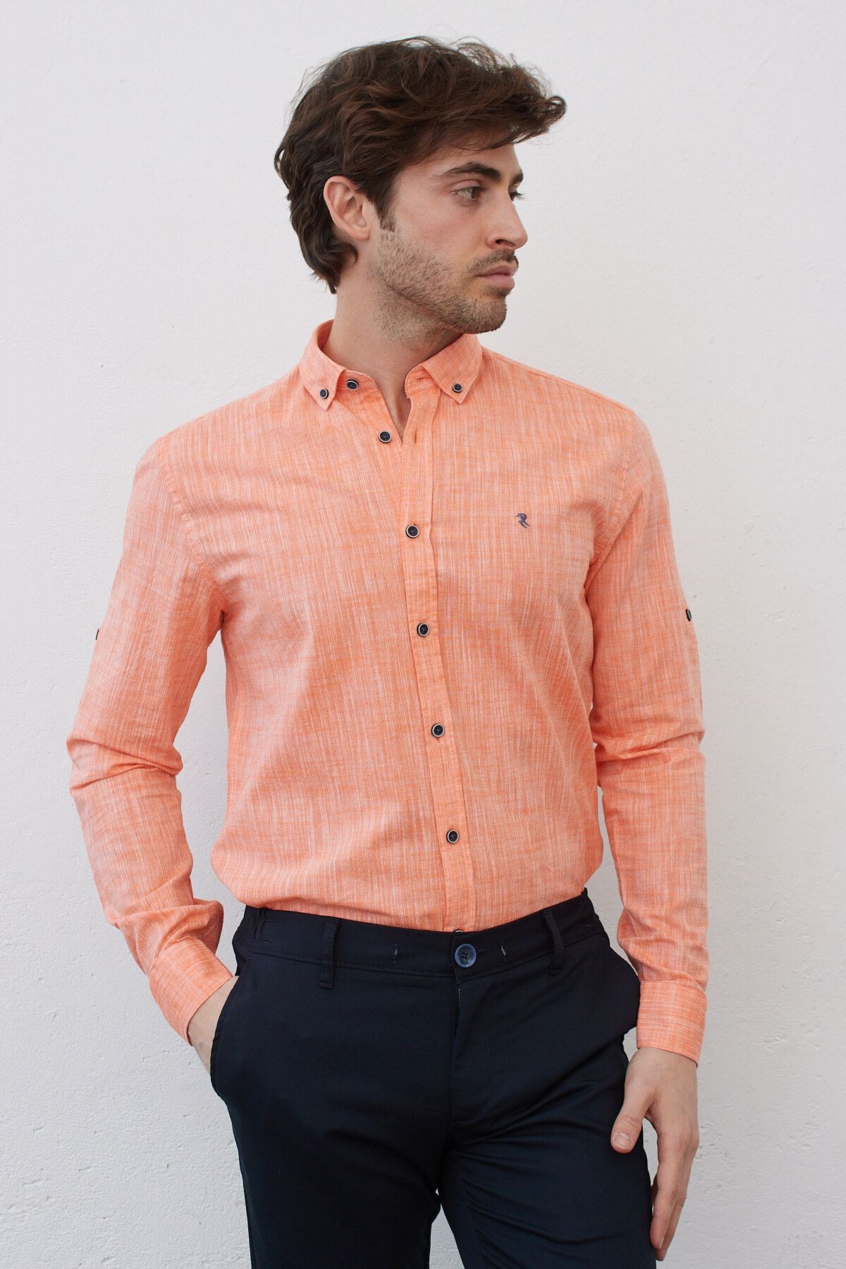 Keten Turuncu Slim Fit Uzun Kol Gömlek