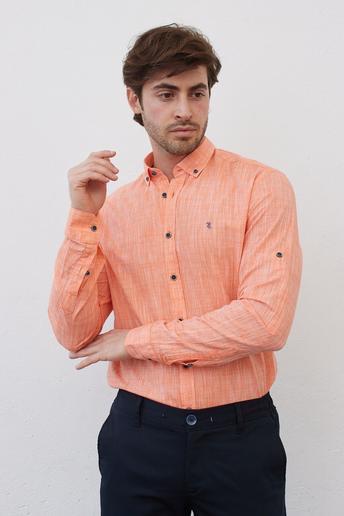 Keten Turuncu Slim Fit Uzun Kol Gömlek