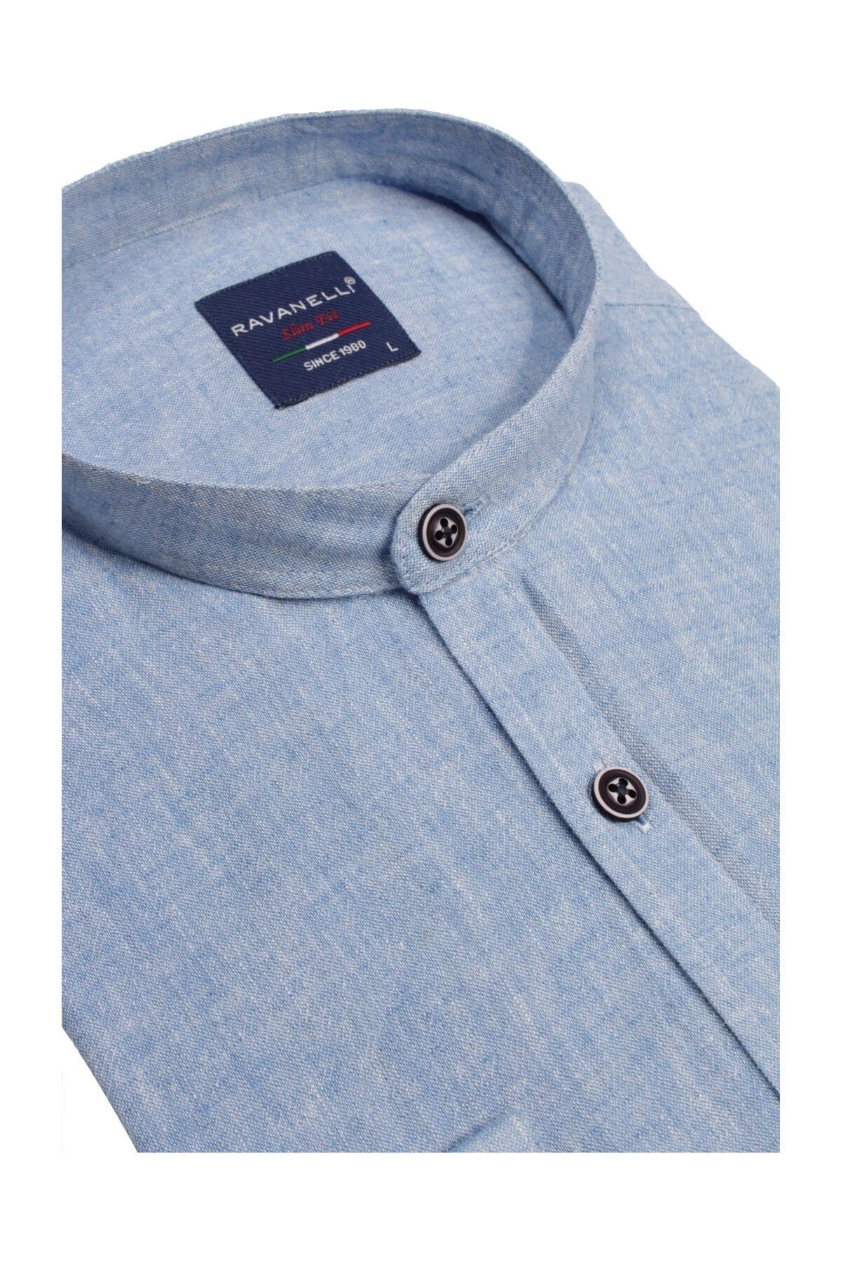 Erkek  Mavi Slim Fit Keten Apoletli Gömlek