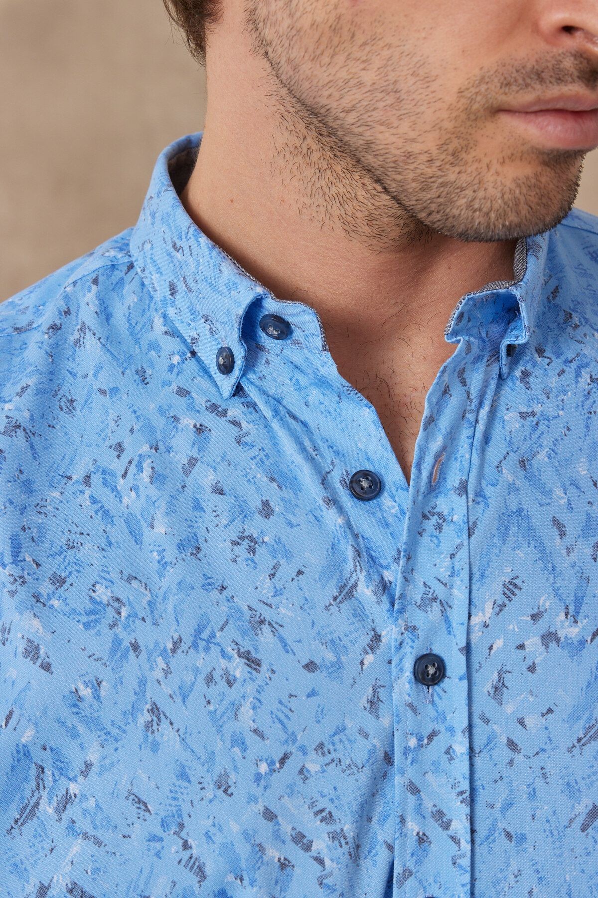 Erkek Baskılı Mavi Modern Slim Fit Uzun Kol Gömlek