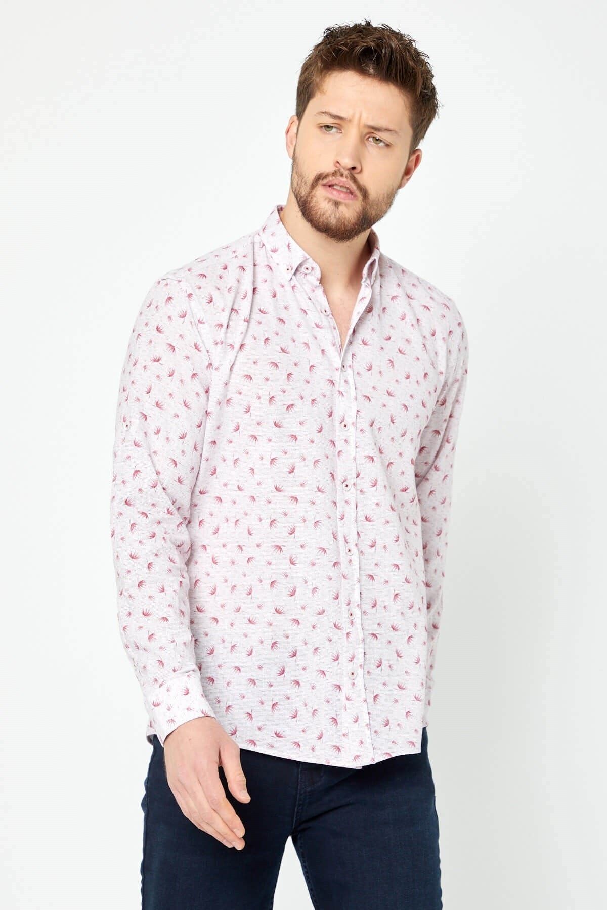 %100 Pamuk Keten Kırmızı Baskılı Slim Fit Uzun Kol Keten Gömlek