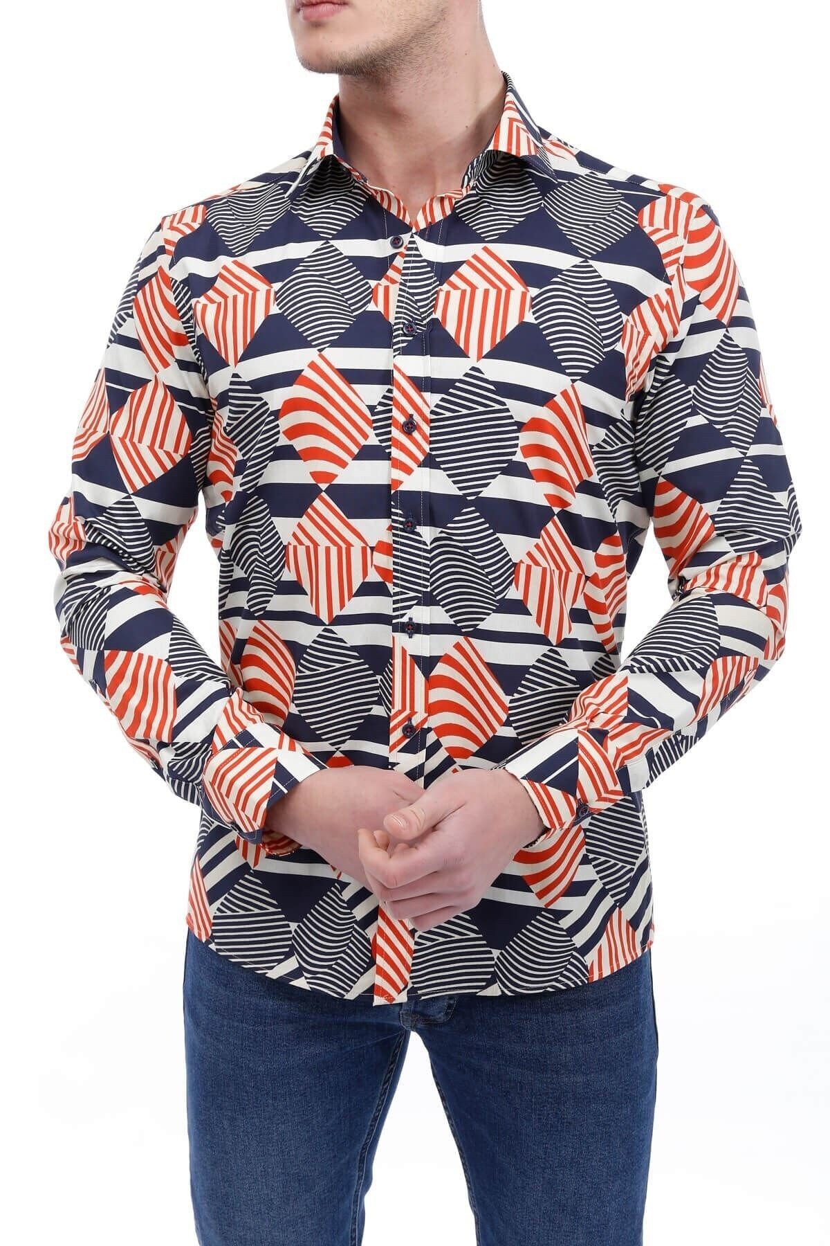 Baskılı Lacivert Slim Fit Gömlek