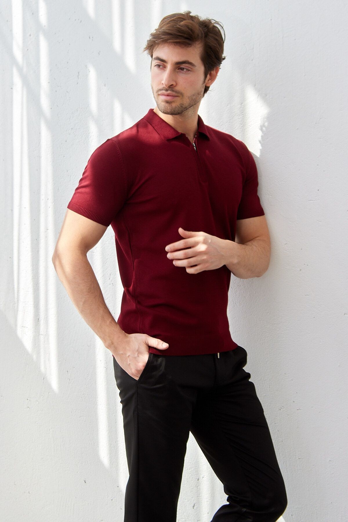 Erkek Modern Slim Fit Fermuarlı Polo Yaka T-Shirt