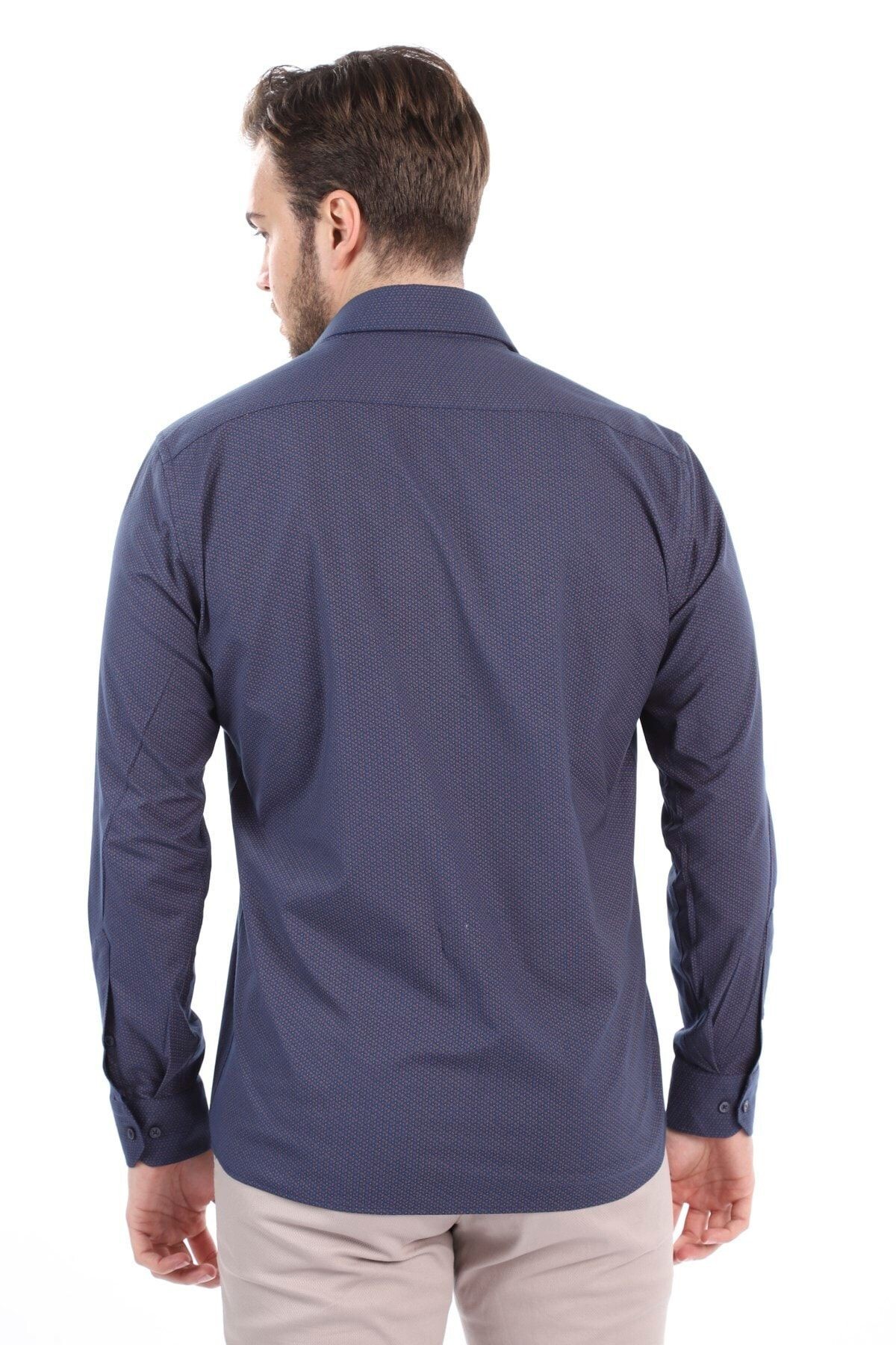 Baskılı Lacivert Slim Fit Likralı Gömlek
