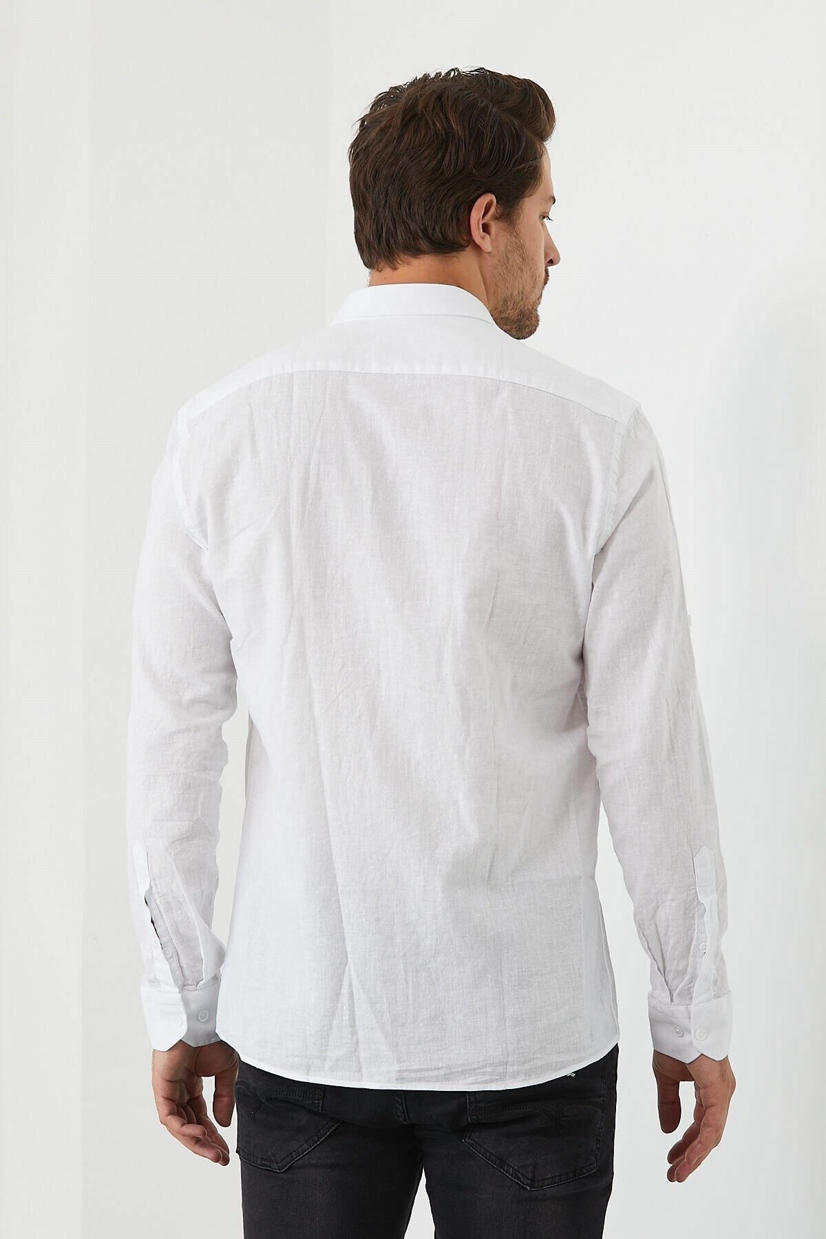 Beyaz Slim Fit Uzun Kol Keten Gömlek
