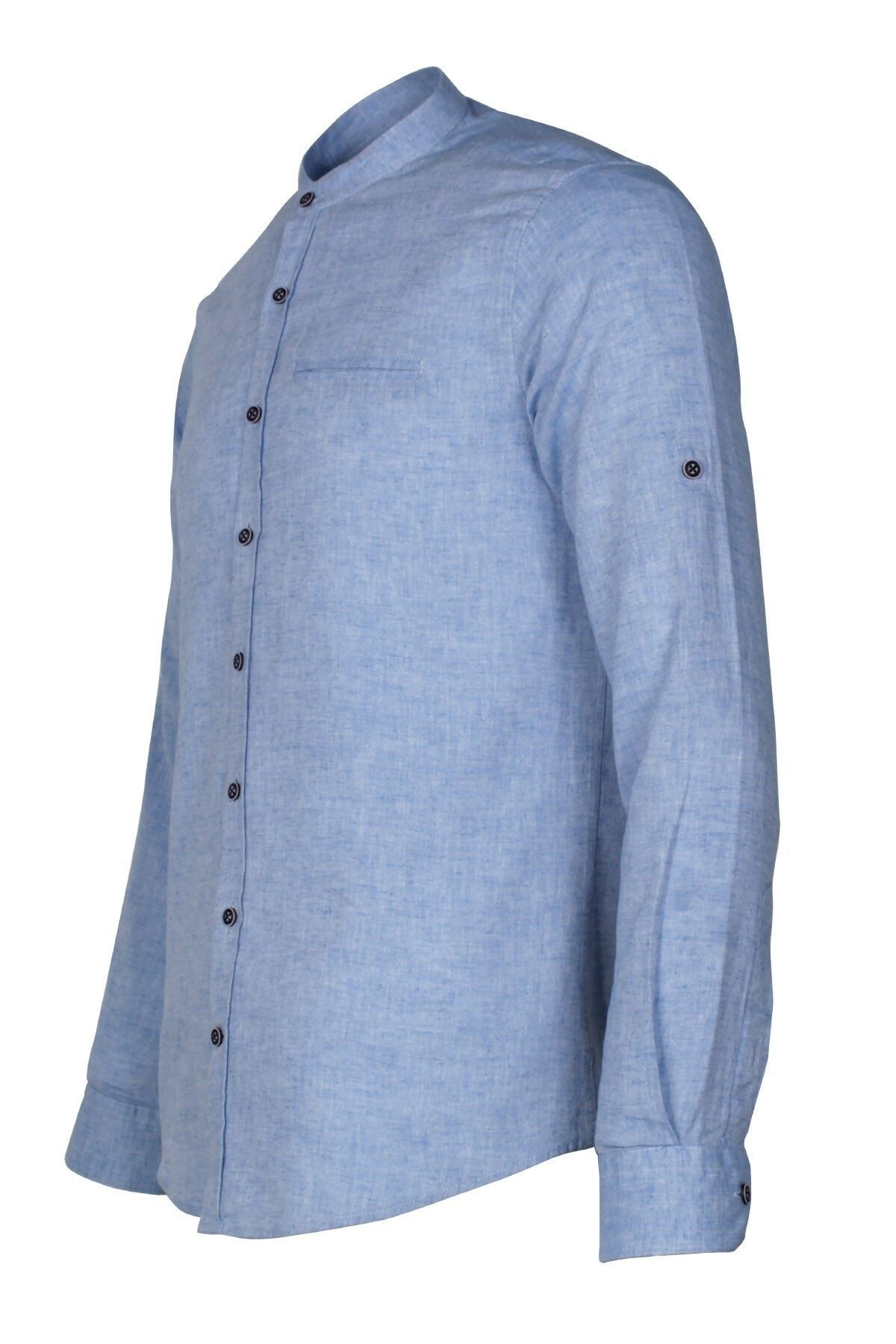 Erkek  Mavi Slim Fit Keten Apoletli Gömlek