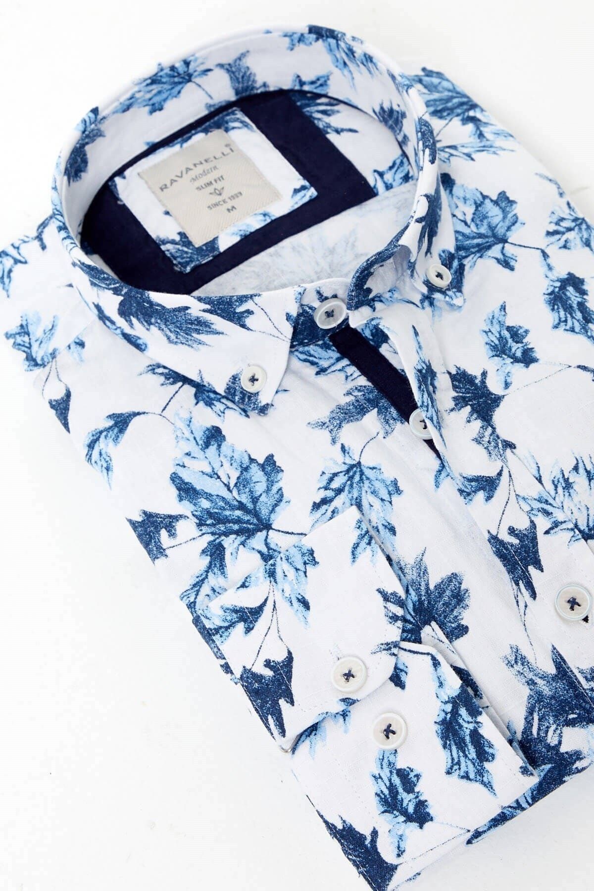 %100 Pamuk Keten Mavi Baskılı Slim Fit Uzun Kol Keten Gömlek