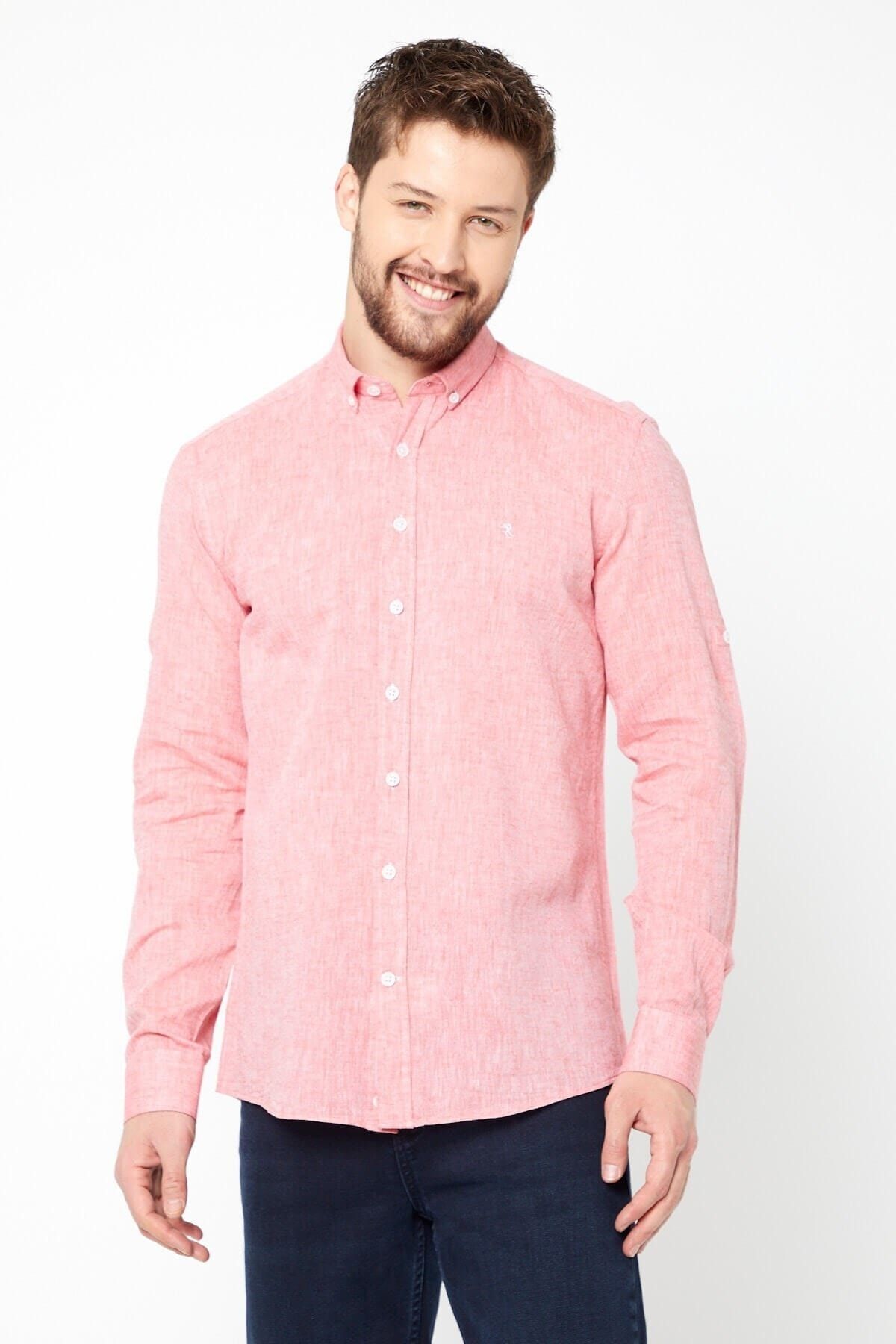 Kiremit Slim Fit Uzun Kol Keten Gömlek